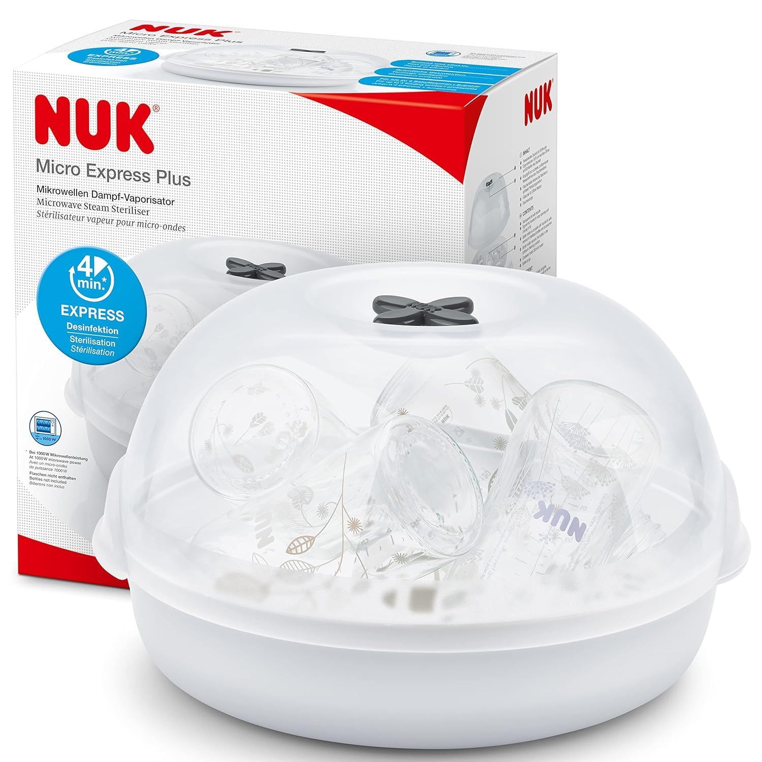 NUK Reinigungsset zur gründlichen Reinigung von Babyflaschen, Saugern & mehr | Micro Express Plus Mikrowellen Sterilisator & Spülreiniger 500 ml & 2in1 Flaschenbürste & MultiDry Trockenständer