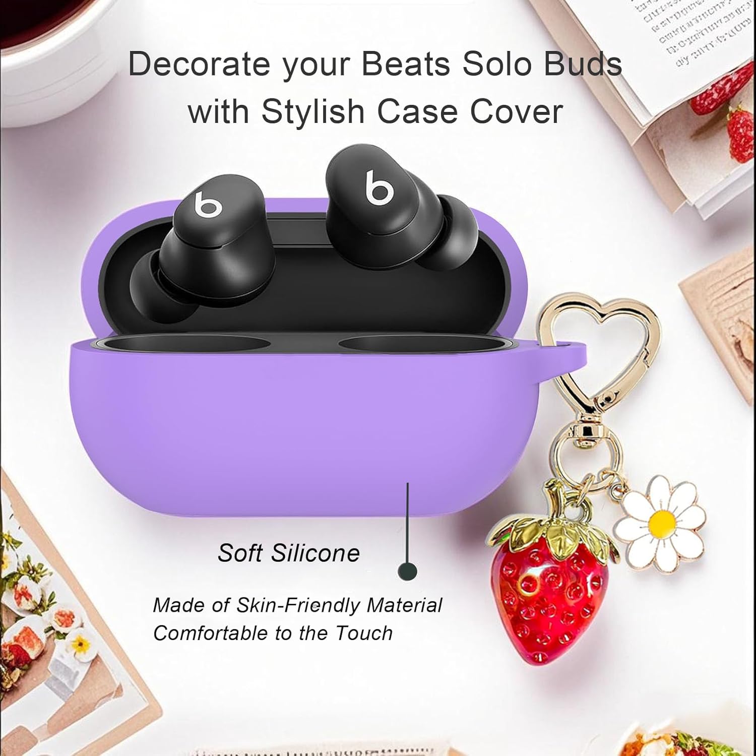 for Beats Solo Buds Case Cover with Cute Strawberry Charm Heart Keychain, Soft Silicone Protective Case Daisy Key Chains for New Beats Solo Charging Case Earbuds Lavender Purple - Image 5