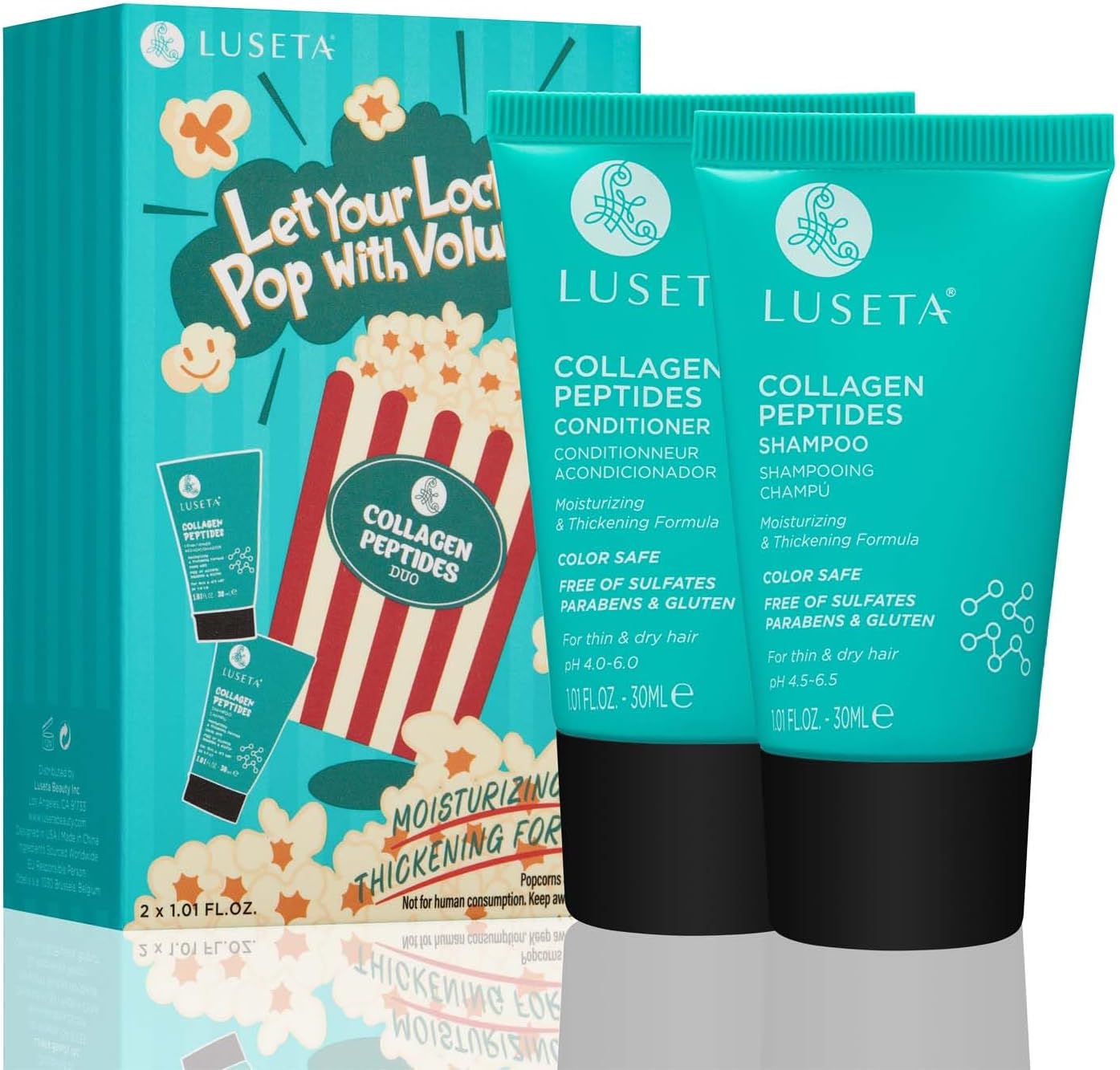 Luseta Collagen Peptides Shampoo & Conditioner Travel Kit Cleanse and Strengthen Thinning Hair Promote Thickness Repair Damaged Hair Restores Moisture Balance 2 x 1.01oz