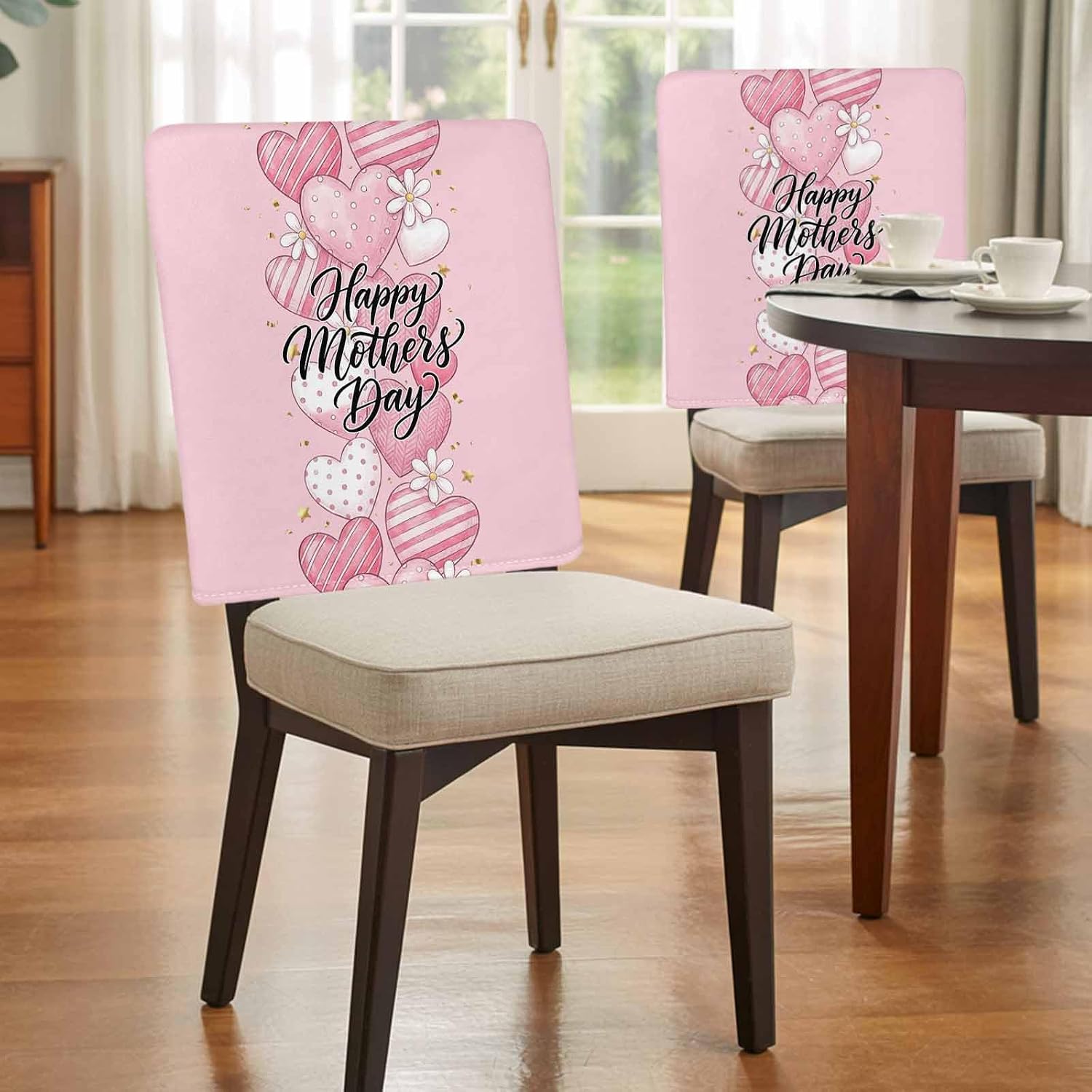 Chair Back Covers for Dining Room, Happy Mother's Day Linen Polyester Back Chairs Protector, Pink Romantic Love Heart Flowers 8 Pcs Scratchproof Chair Covers for Party, 20 x 19 Inches