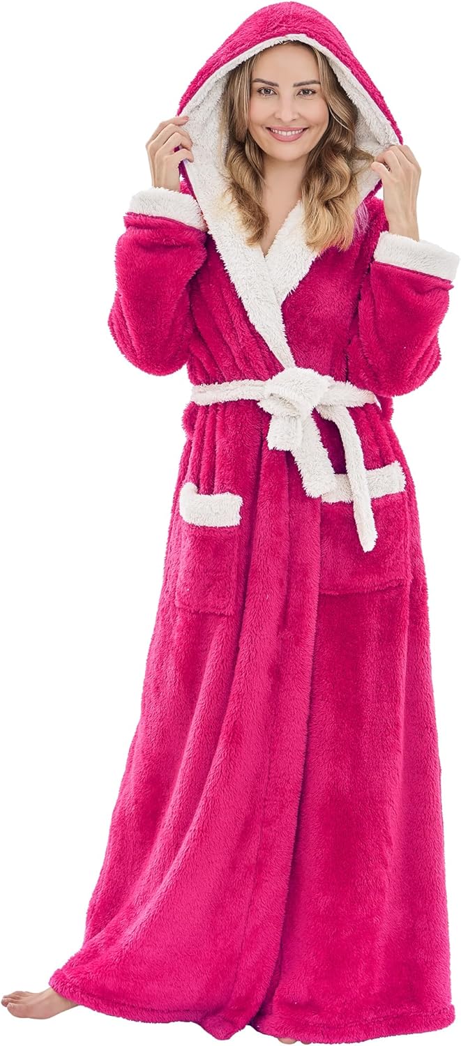 PJGGZ Long Robes For Women Floor Length, Fluffy Fleece Warm Cozy Hooded Bathrobe Plush Luxury Plus Size Winter Housecoat