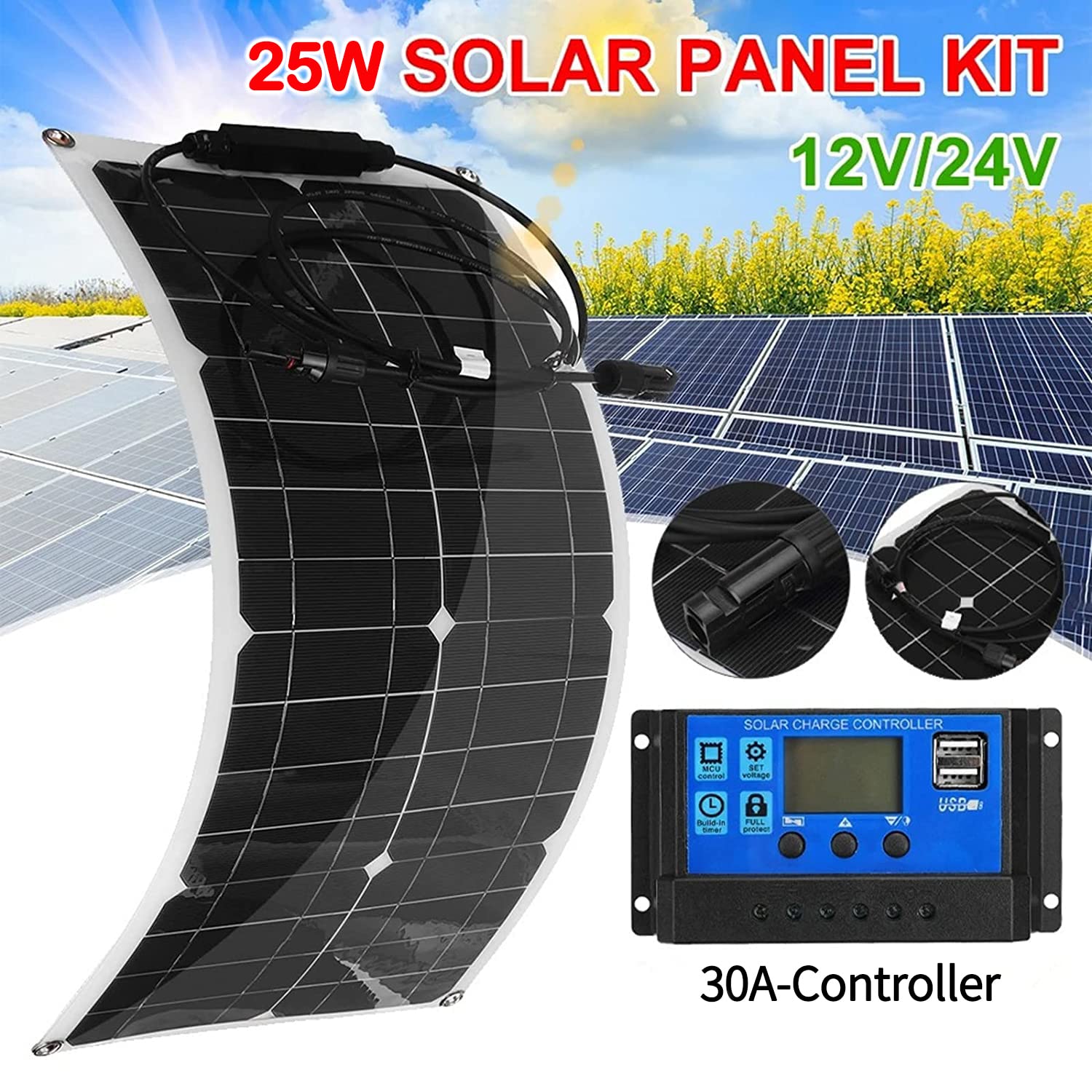 Pannello solare monocristallino flessibile da 25 watt 12 volt per barche camper camper e altro (1 ×30A-Controller)
