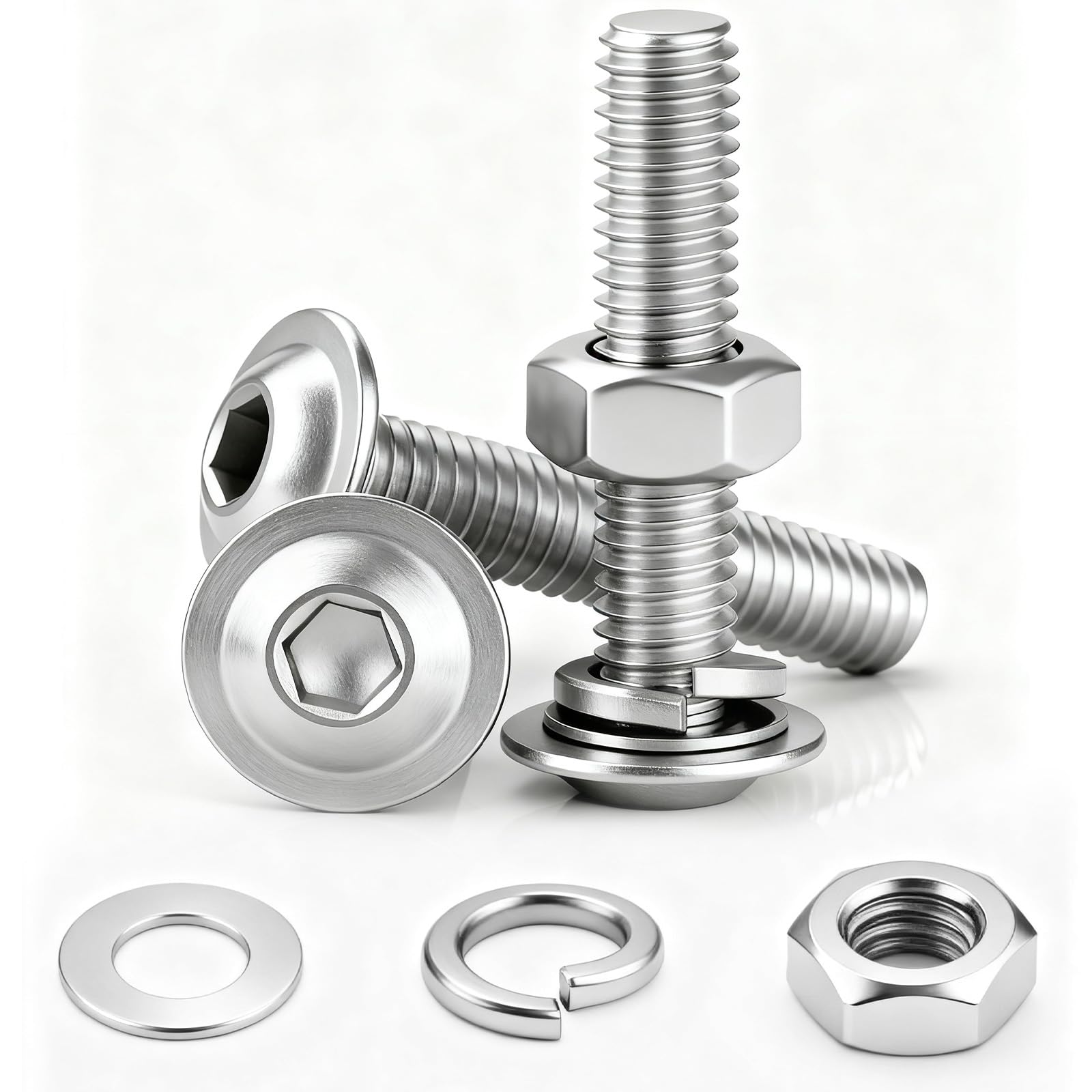 NZNSML 20 Pcs M6 x 20 mm Bolts Flanged Button Head Socket Cap Screws 304 Stainless Steel Nuts and Bolts Assortment Machine Screws Fully Threaded with Washers for Furniture Machine Repair