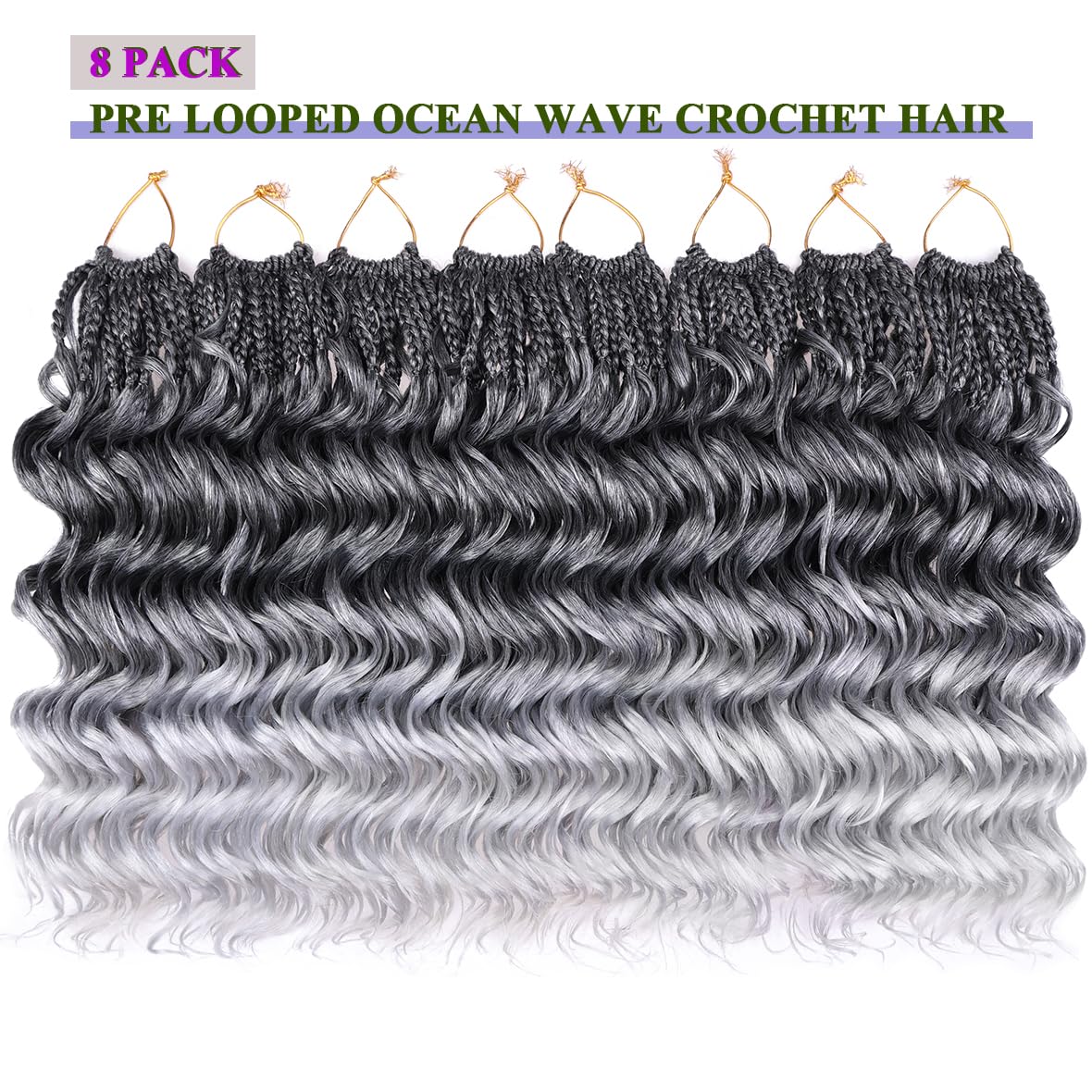 Kachanaa 14 Inch Pre Looped Ocean Wave Crochet Hair 8 Pack Curly Boho Ocean Braids Ombre Grey Pre Twisted Synthetic Deep Wavy Twist Hair TGREY# - Image 4