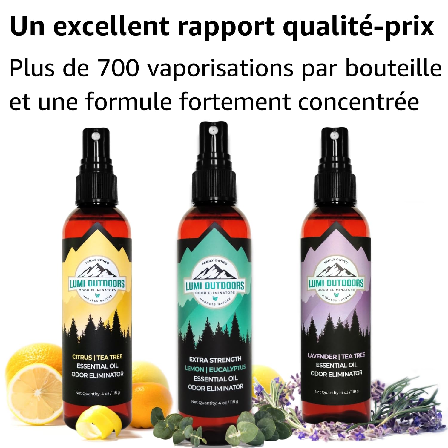Lumi Outdoors Vaporisateur Désodorisant Chaussures Anti-Odeurs - Spray Désodorisant Naturel - Lot de 3 arômes : Citron eucalyptus, Agrumes tea tree, Lavande tea tree