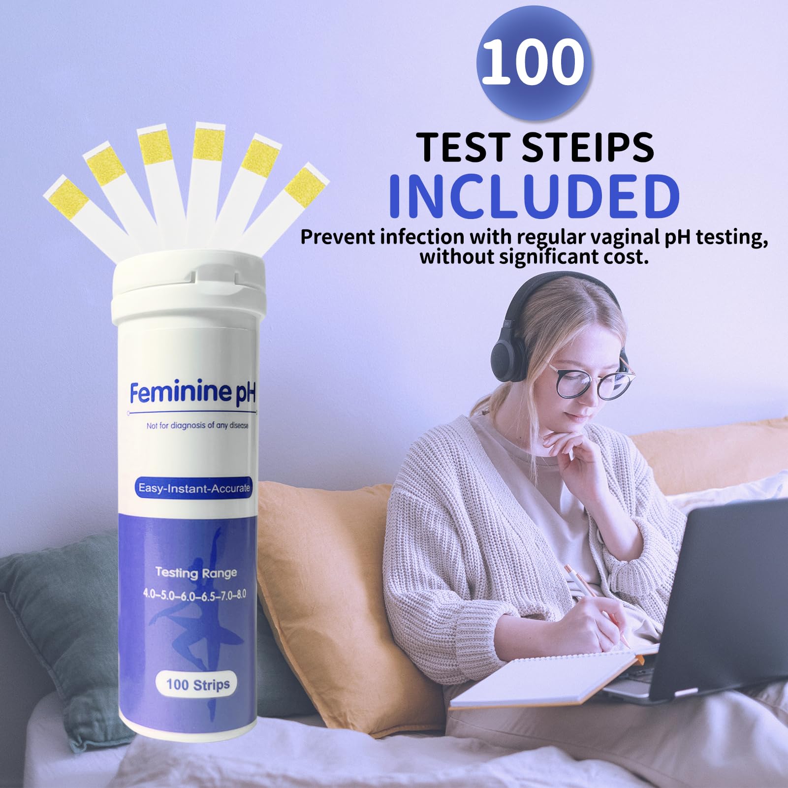 Bandelette pH (100 pièces) Test pH Féminin pour surveiller l’acidité précise et l’équilibre alcalinité