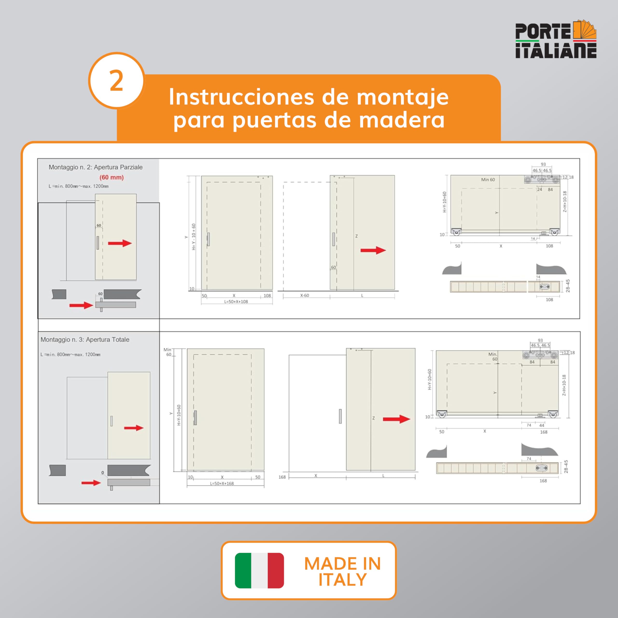 Porte Italiane, Riel Puerta Corredera Invisible MAGICAL 1200 Carga 80 kg, para Puerta Corredera Exterior de Pared en Madera Ancho de 80 cm a 120 cm, Kit con Mecanismo, Accesorios y Guía