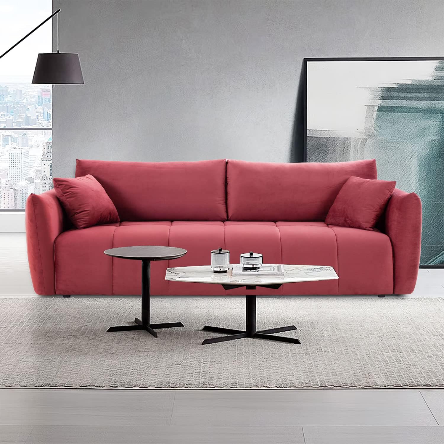 WILLIAMSPACE 85" Modern Sofa Couch for Living Room, Back Upholstered Fabric Luxury Organ Sofa with 3 Throw Pillows for Home, Office, Apartment, Claret