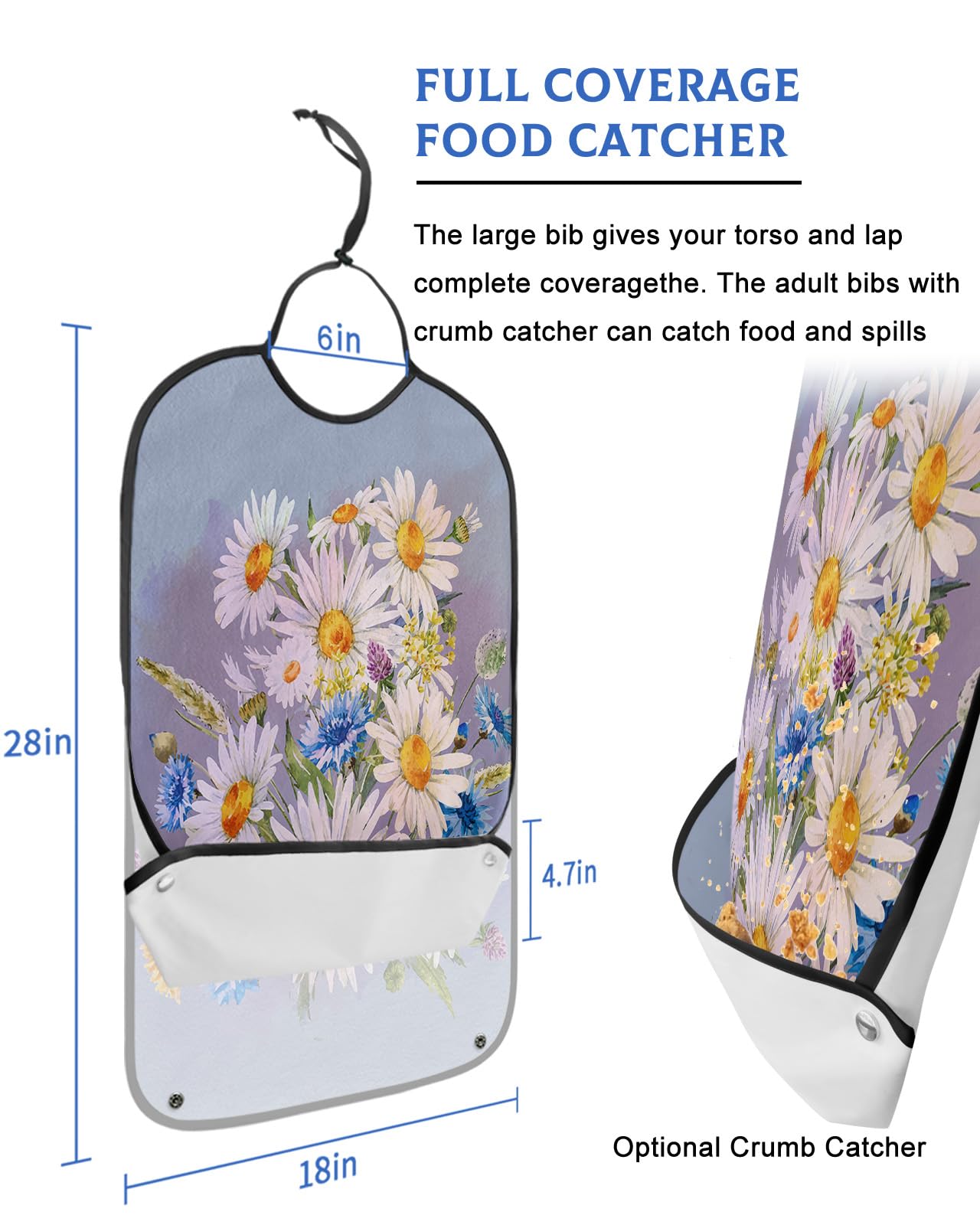Daisy Flower Adult Bib for Eating with Crumb Catcher,Washable & Waterproof Terry Cloth Adjustable Elderly Women Men Adult Bibs Funny Apron Clothing Protector Modern Minimalist Painting Aesthetics Art