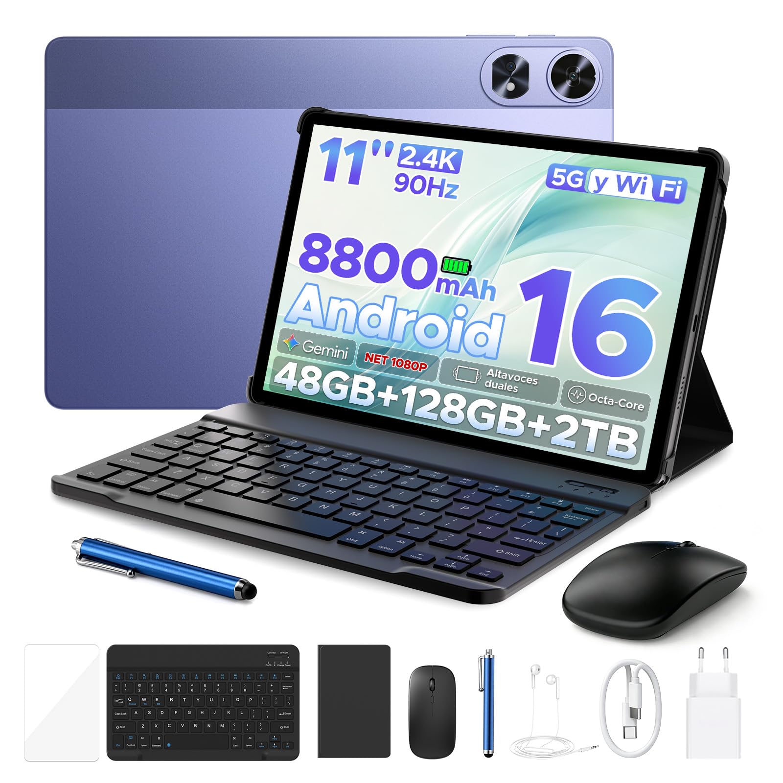 P11 Pro Tablet 11 Pulgadas 2.4K 90Hz, 48GB RAM+128GB ROM/TF 2TB, Tablet Android 16, Gemini AI, T7250 Octa-Core, 8800mAh, Face ID, 13MP+5MP, Widevine L1, Tablets con Teclado y Ratón, Morado
