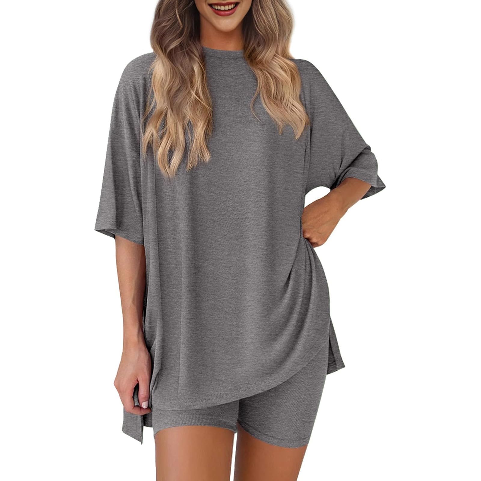 2 Piece Sets for Women Summer Oversized Tshirts Biker Short Two Piece Lounge Set Matching Clothing Travel Outfits