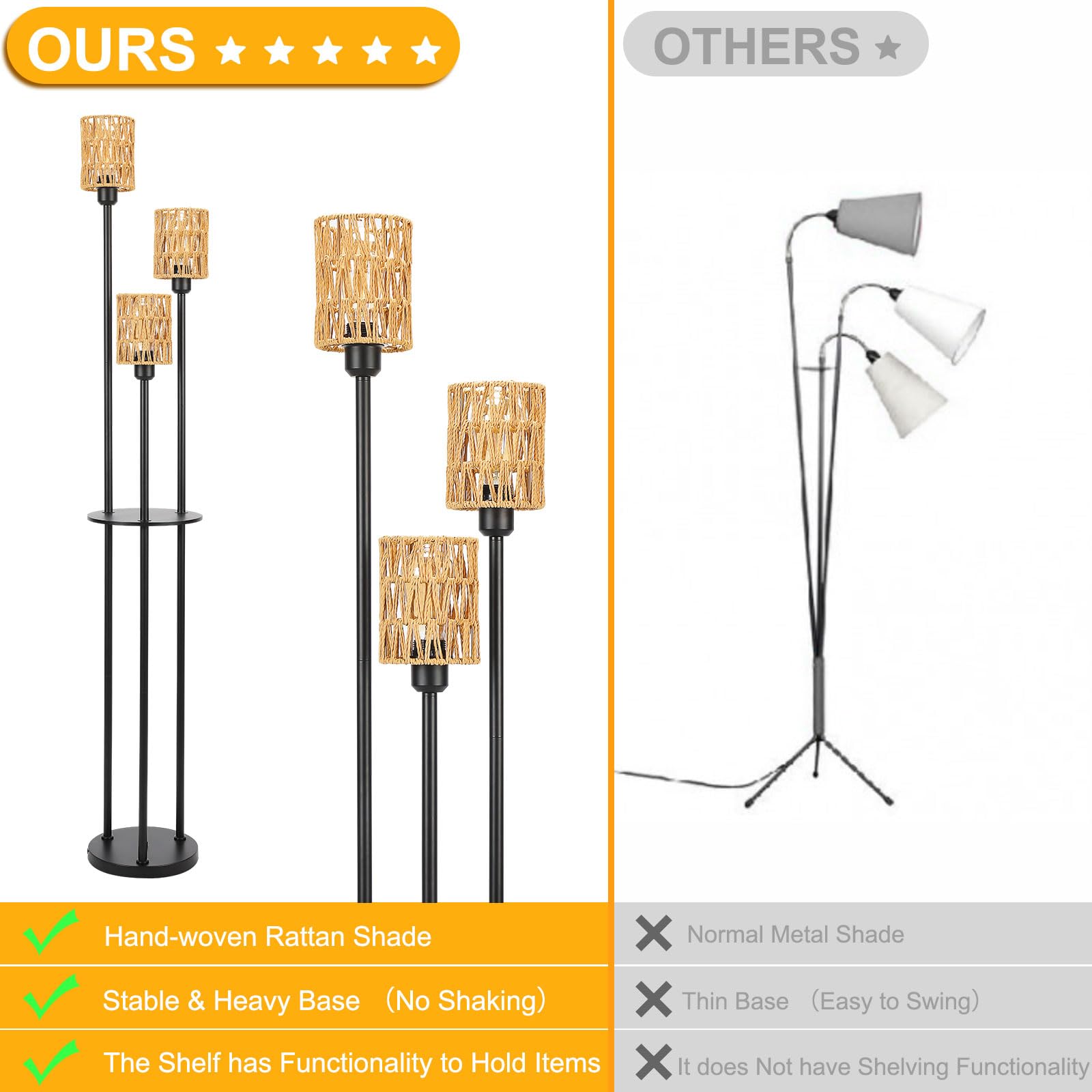 Stehlampe Wohnzimmer Rattan 3 Flammig Boho E27 166cm