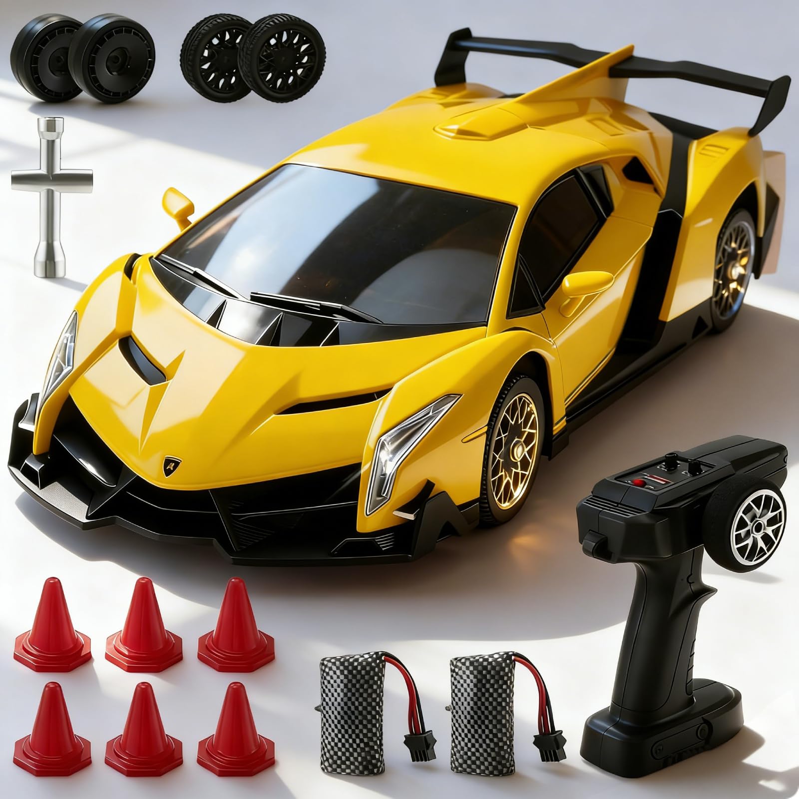 Lamborghini RC Car, 2.4 GHz Ferngesteuertes Auto, 1:18 4WD RC Drift Auto mit LED Leuchten, 35 KM/H Mini Drift Auto Ferngesteuert für Jungen ab 6 7 8 9 10 11 12+ Jahre(Gelb)