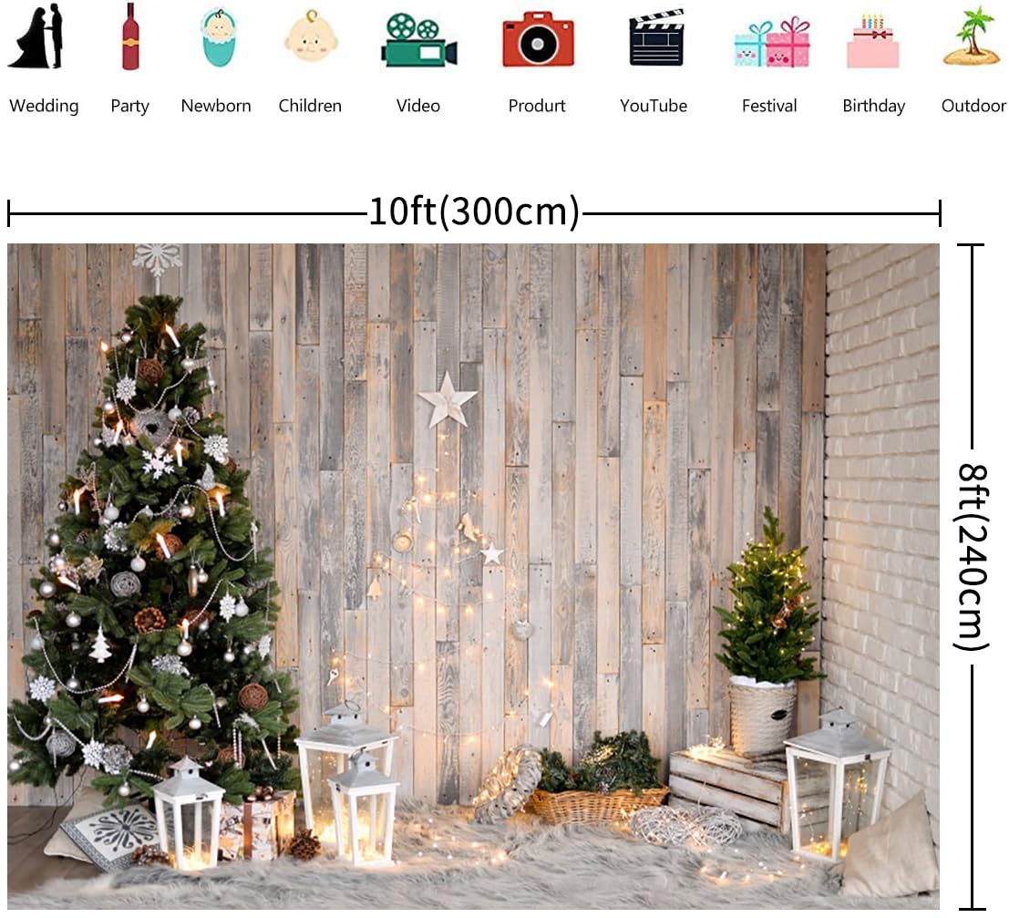 3x2.4m Sfondo Natale Albero di Natale Rustico Marrone Muro Stelle Regali Ghirlanda Fotografia Sfondo Famiglia Inverno Vacanze Natale Capodanno Compleanno Decorazioni Banner Photo Booth Props