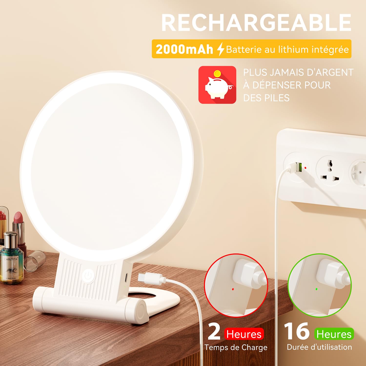 Auxmir Miroir Grossissant Lumineux Double Face 1X/30X, Miroir Maquillage 3 Couleurs D'éclairage, Luminosité Réglable, Batterie 2000mAh Rechargeable, Support 360°, Mural/Portable/Pliable