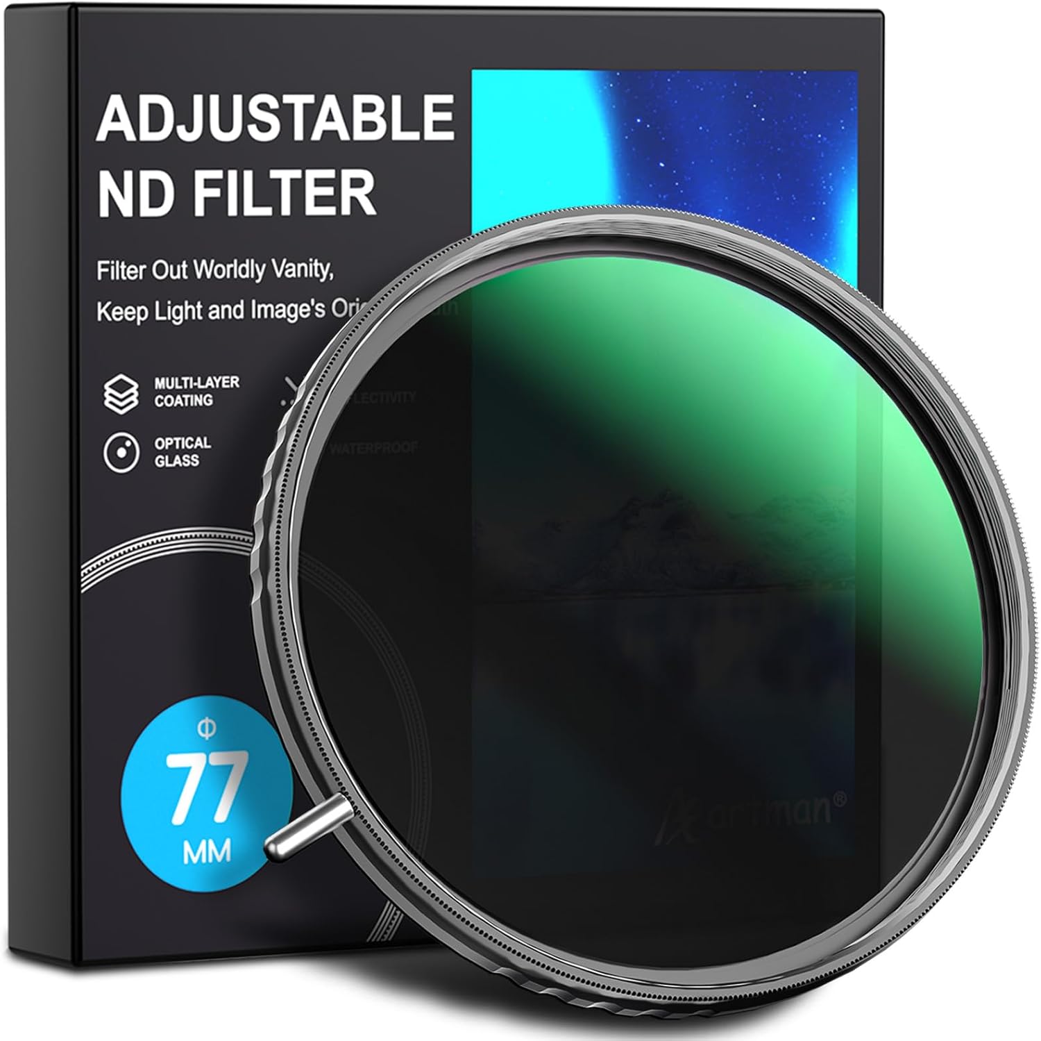 Artman 77mm Variable ND2-ND400 ND Lens Filter (1-9 Stops) 36 Multi-Layer Coatings Import B270 Glass Adjustable Neutral Density Filter for Camera Lens (Luma X Series)