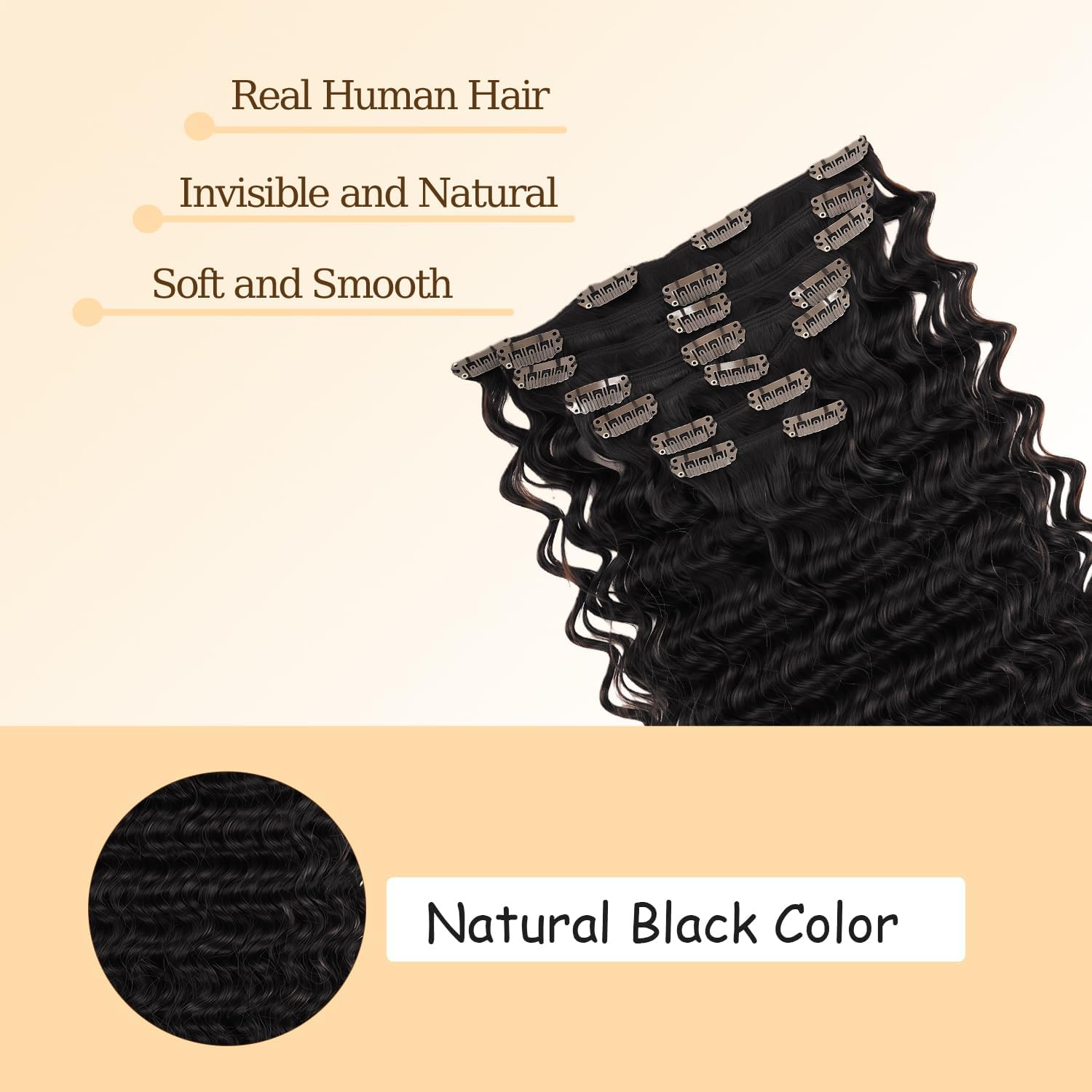 #1B Natural Black Clip in Human Hair Extensions 28 Inch Color #1B Deep Wave Clip in Seamless Extensions Human Hair Skin Weft Seamless Invisible Unprocessed Brazilian Virgin Remy Hair 120g