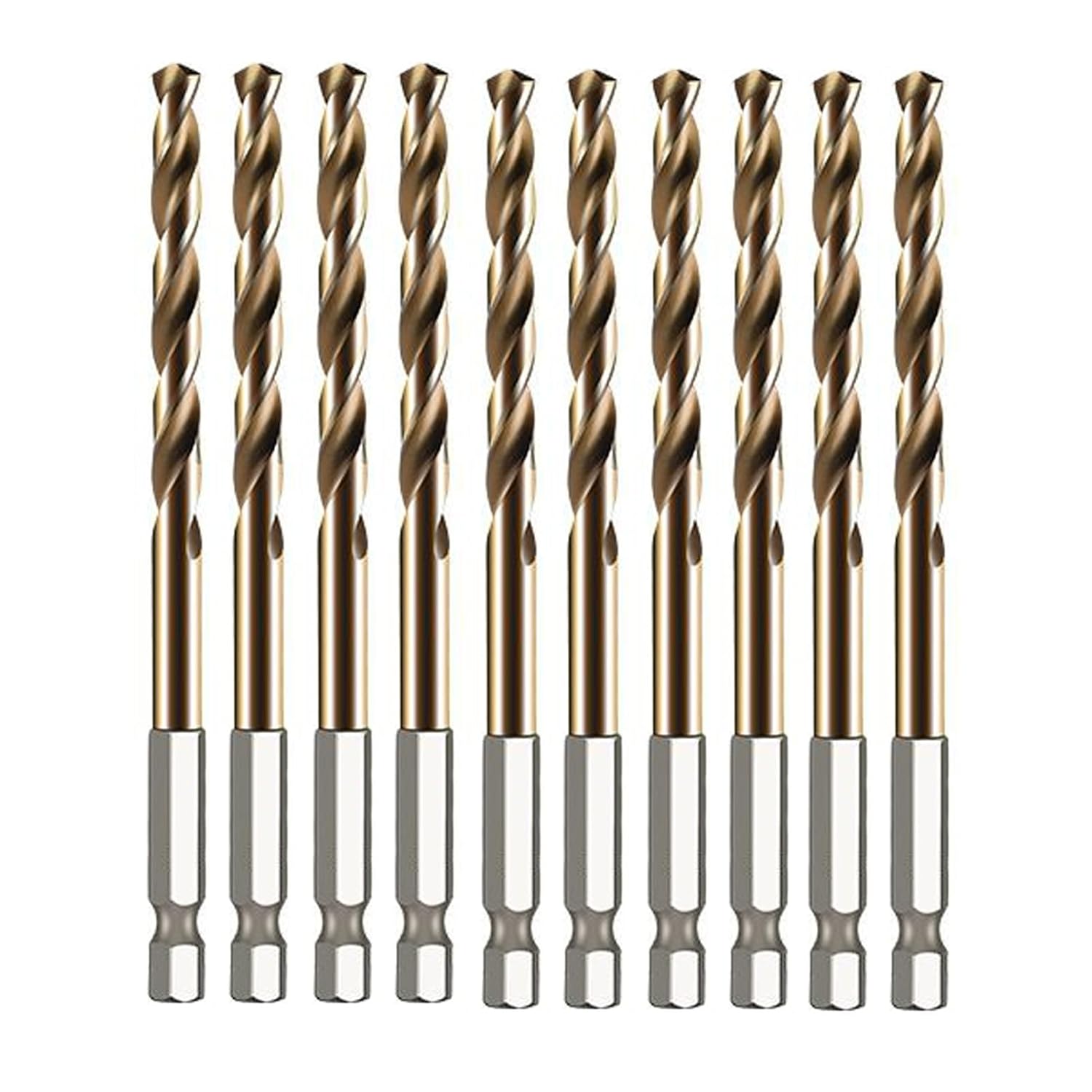 10Pcs Titanium Coated HSS Twist Drill Bits, 1/4" Hex Shank, 135° Point & Spiral Flute, for Drilling Stainless Steel Metal Holes (4.2mm)