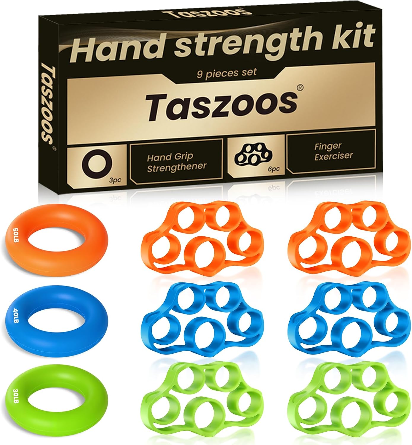 Grip Strength Trainer (9 Pack), Hand Gripper Strengthener, Finger Exerciser, Workout Equipment great for Rock Climbing, Carpal Tunnel Relief, Hand Recovery