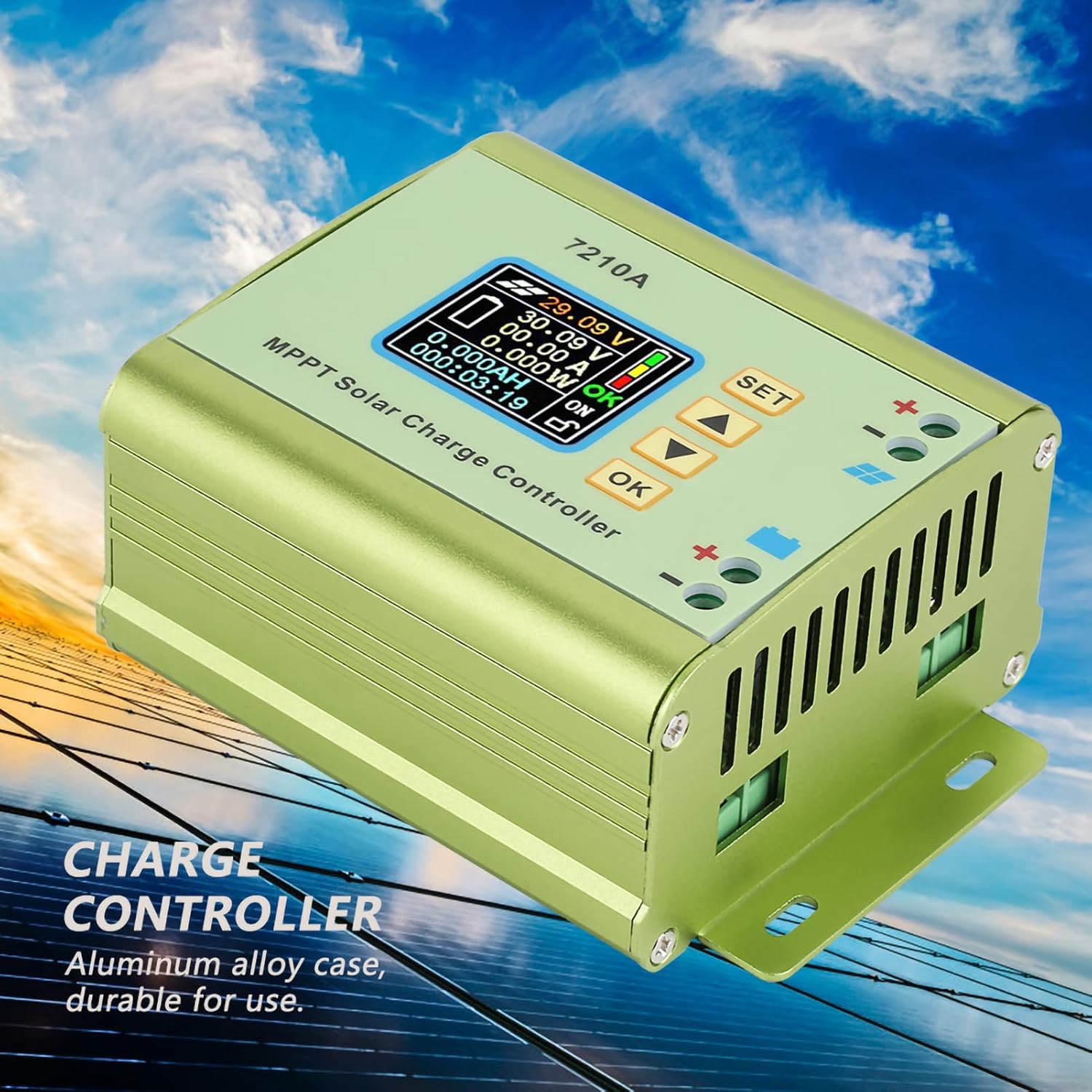 Akozon MPT-7210A Solar Controller side view, highlighting the aluminum alloy casing and heat dissipation fins.