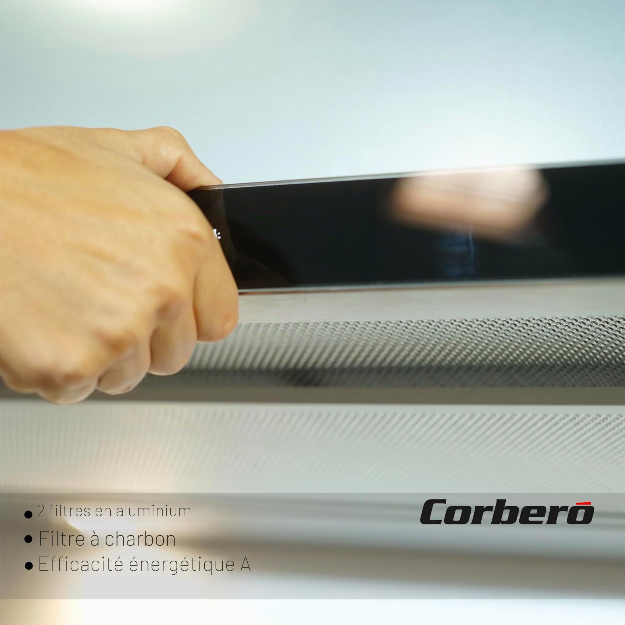 Corberó - Hotte télescopique | 90 cm | ANETO960X | Débit 600 m3/h | Puissance 165 W | 3 vitesses | Filtre aluminium 3 couches | Filtre carbone | Efficacité énergétique A, acier et noir