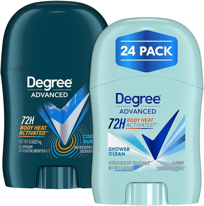 Degree Advanced Travel Deodorant Bulk Variety 24-Pack, 0.5 Oz Ea | 72H Body Heat Activated Mini Antiperspirant Deodorant Bundle | 12 Cool Rush for Men + 12 Shower Clean for Women