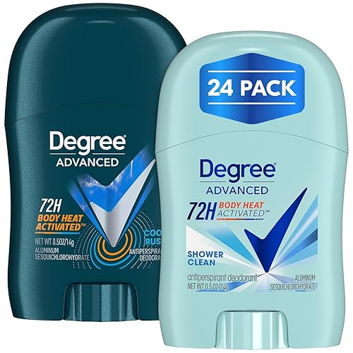 Degree Travel Desodorante variedad de 24 paquetes (12 Cool Rush + 12 Shower Clean) – Mini antitranspirante activado por calor corporal de 72H, 0.5