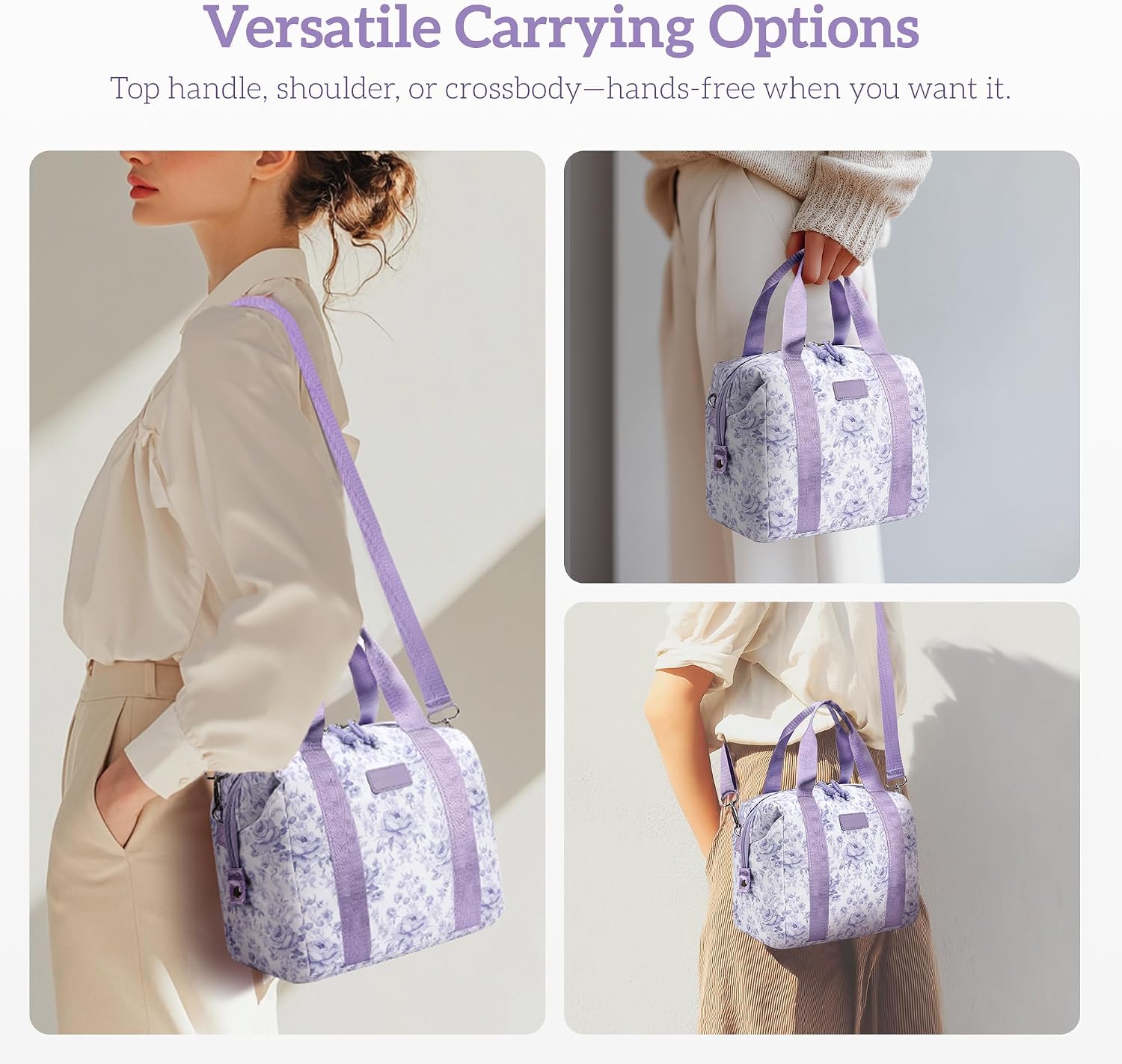 Lunch Box for Women Insulated Lunch Bag, Cute Lunch bags,Reusable Large Capacity Leakproof Lunchbox with Adjustable Shoulder Strap, Lunch tote for Work Office Picnic Travel (Purple Flower)