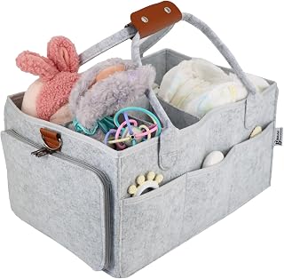 Baby Diaper Stackers & Caddy Organizer, Light Gray Felt, 17" x 12" x 9" XX-Large Portable Diaper Changing Table Storage, Organizer for Nursery, Cars