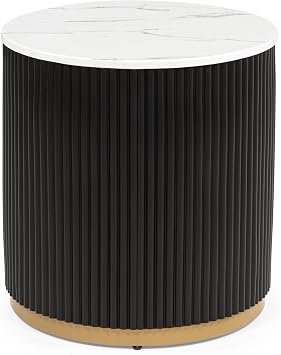 End Table Modern Marble-Inspired Top Reeded Base Gold-Finished Foundation 22" Round 23" H Black Metal Wood Living Room Accent Table for Sofa Nightstand