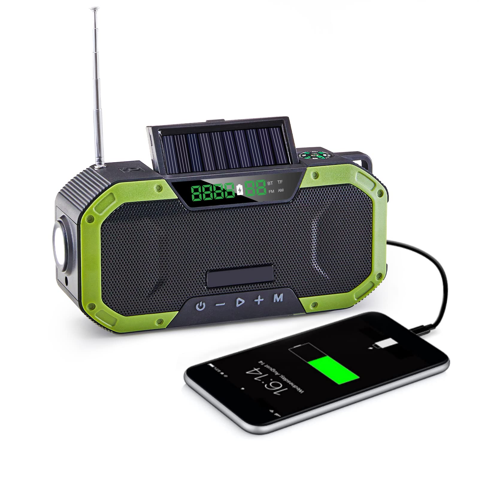 CLIPOP Wind Up Solar Radio Emergency Weather Radio, 5000mAh Portable Power Bank with Solar Charging, SOS Alarm, Survival Hand Crank Dynamo AM/FM & Flashlight for Outdoor｜Camping｜Hiking (Green)
