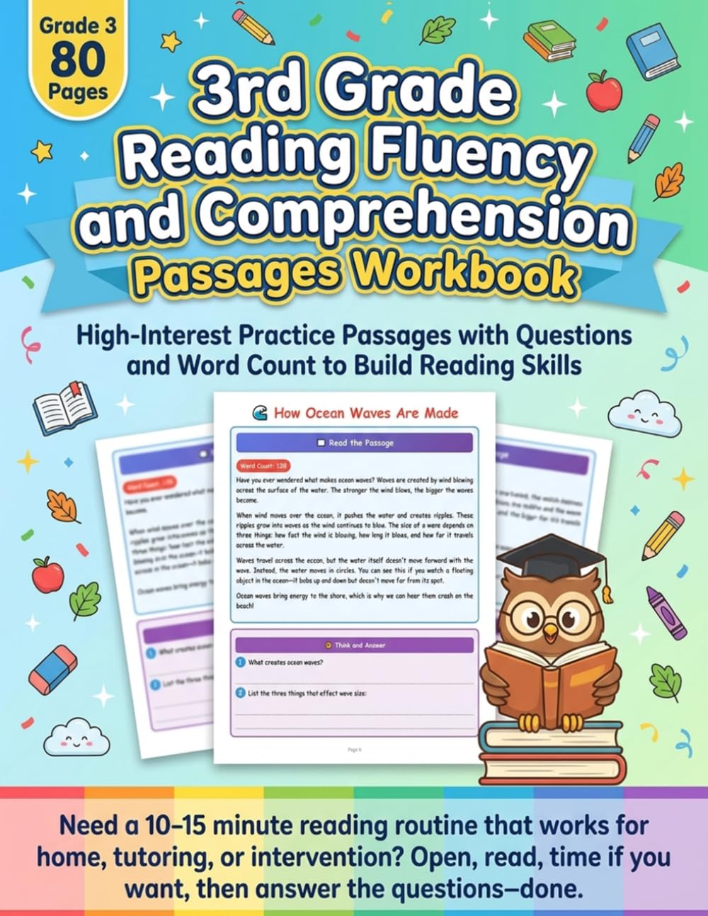 3rd Grade Reading Fluency and Comprehension Passages Workbook: High-Interest Practice Passages with Questions and Word Count to Build Reading Skills