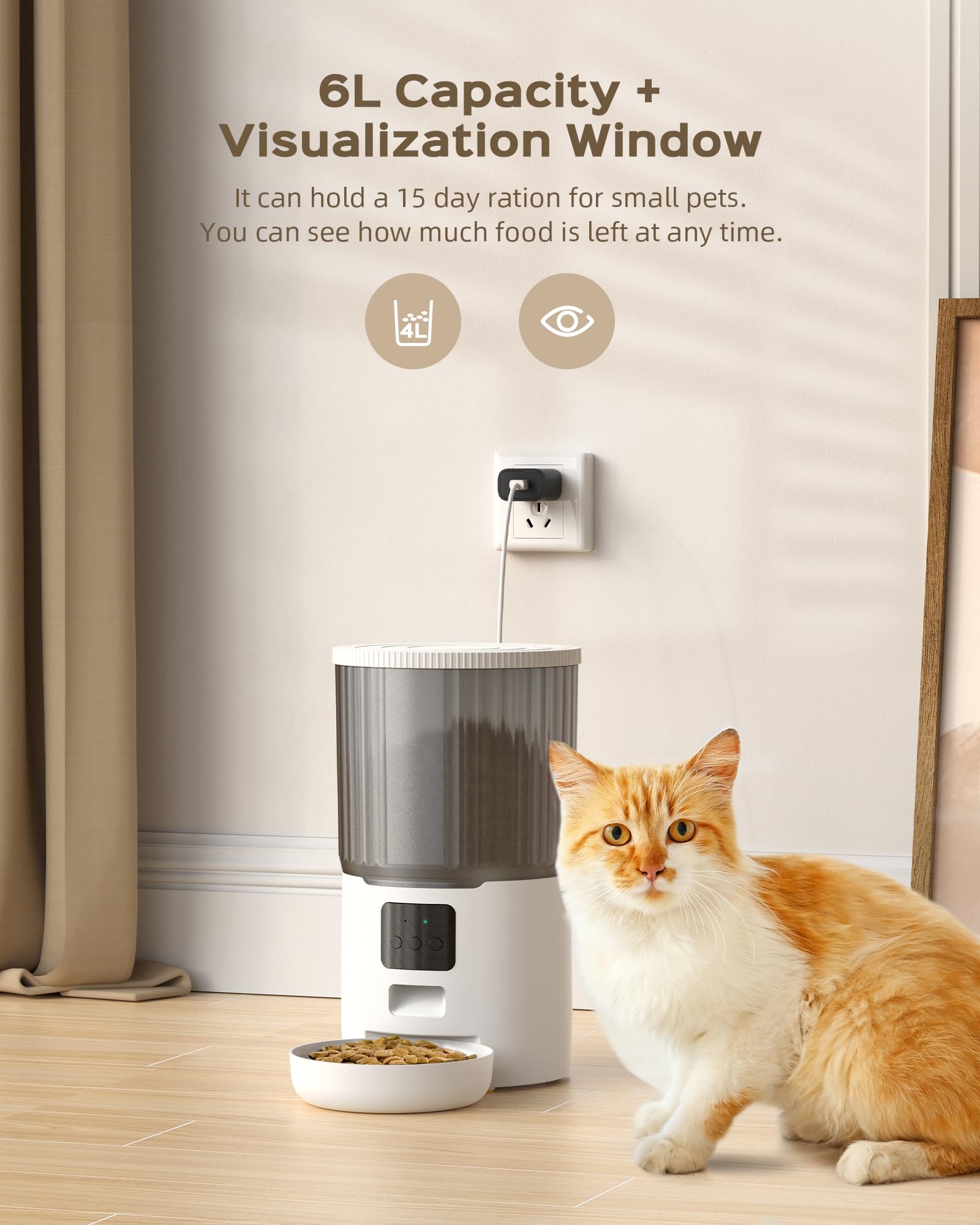 6L Distributore Automatico Cibo Gatti Cani WiFi, UIOOQ Distributore di Crocchette per Animali Domestici con 10S Registrazione,Orari di Mangiatoia Personalizzati (bianco-6L)