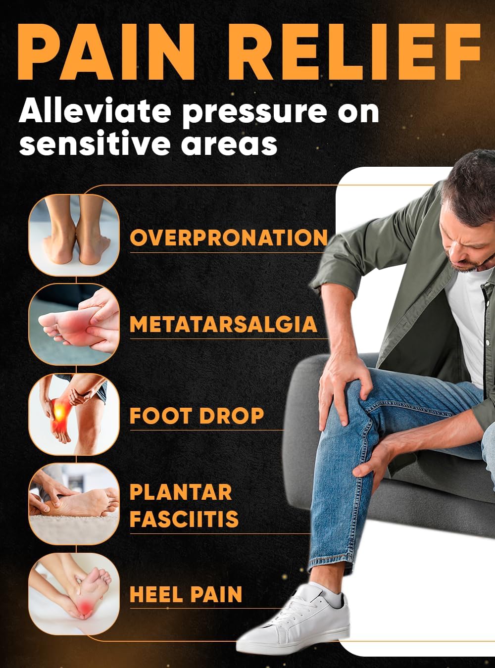 CRUVHEAL High Arch Support Inserts Men Women - Plantar Fasciitis - Comfort for Foot Pain Relief - Anti-Fatigue - Orthotic Shoe Insoles (M, Black) - Image 2