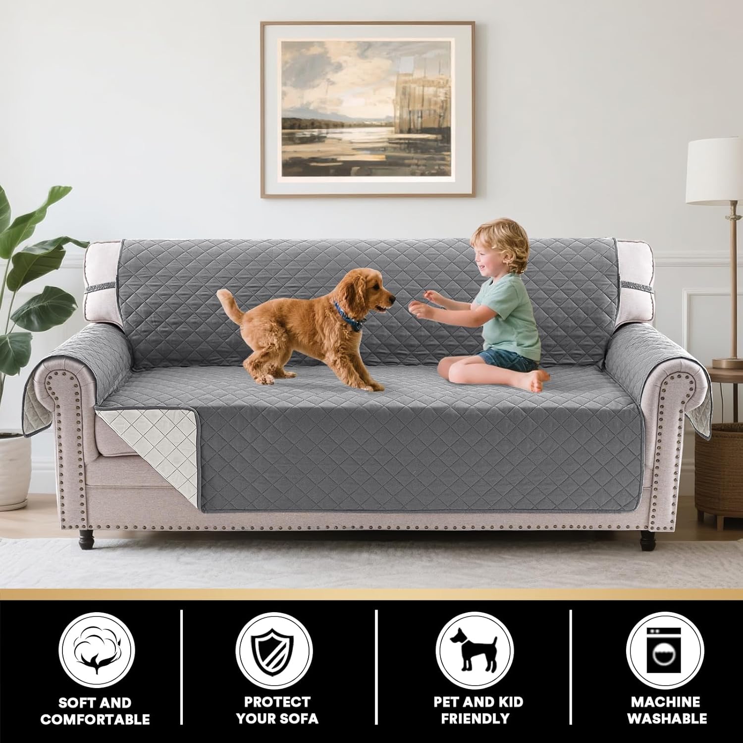 PrinceDeco Couch Cover for Dogs Washable Reversible Couch Covers for 3 Cushion Couch Sofa Pet Friendly Water Resistant Furniture Protector with Elastic Straps(Sofa 66", Grey)
