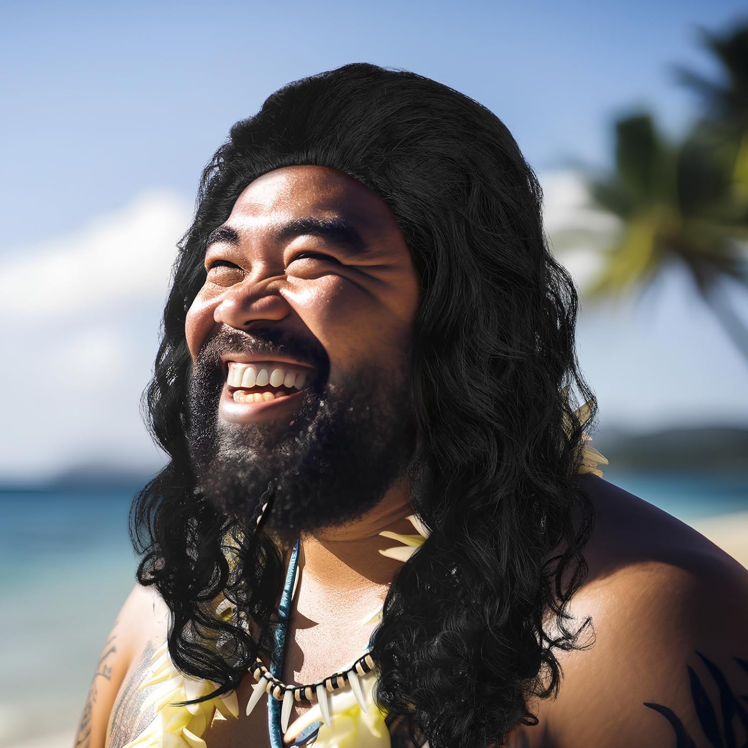 2 Pcs Halloween Costume Accessories for Men: Curly Wig & Hawaiian Tribal Tooth Necklace - Black, One Size - Image 3
