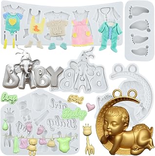 Lingzhi Baby Fondant Molds Baby Clothes Silicone Mold Baby Feet Giraffe Molds for Cake Decoration Cupcake Topper Chocolate Candy Sugar Craft Gum Paste Polymer Clay Set Of 5