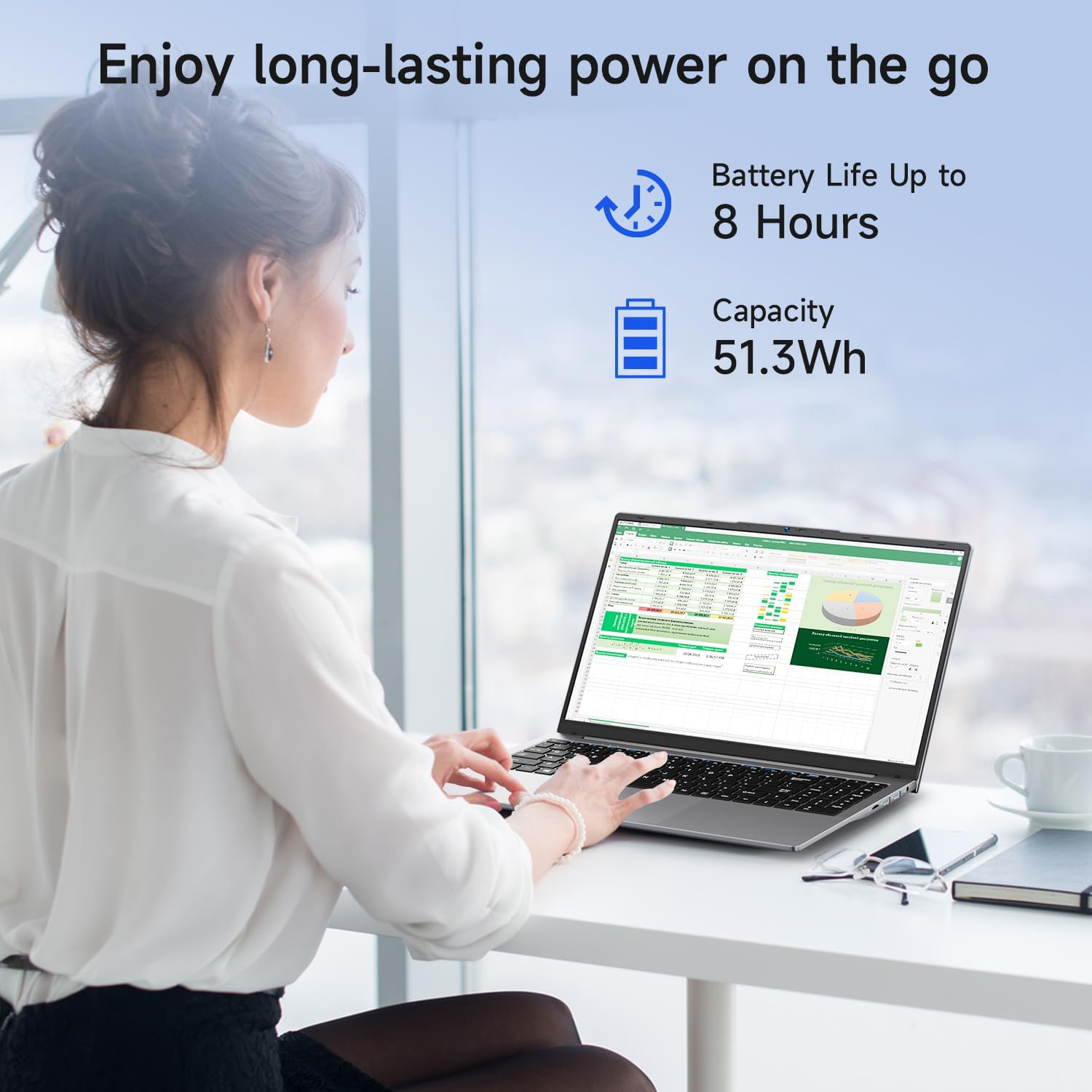 Woman using Bmax X15 Pro Laptop with battery life indicator