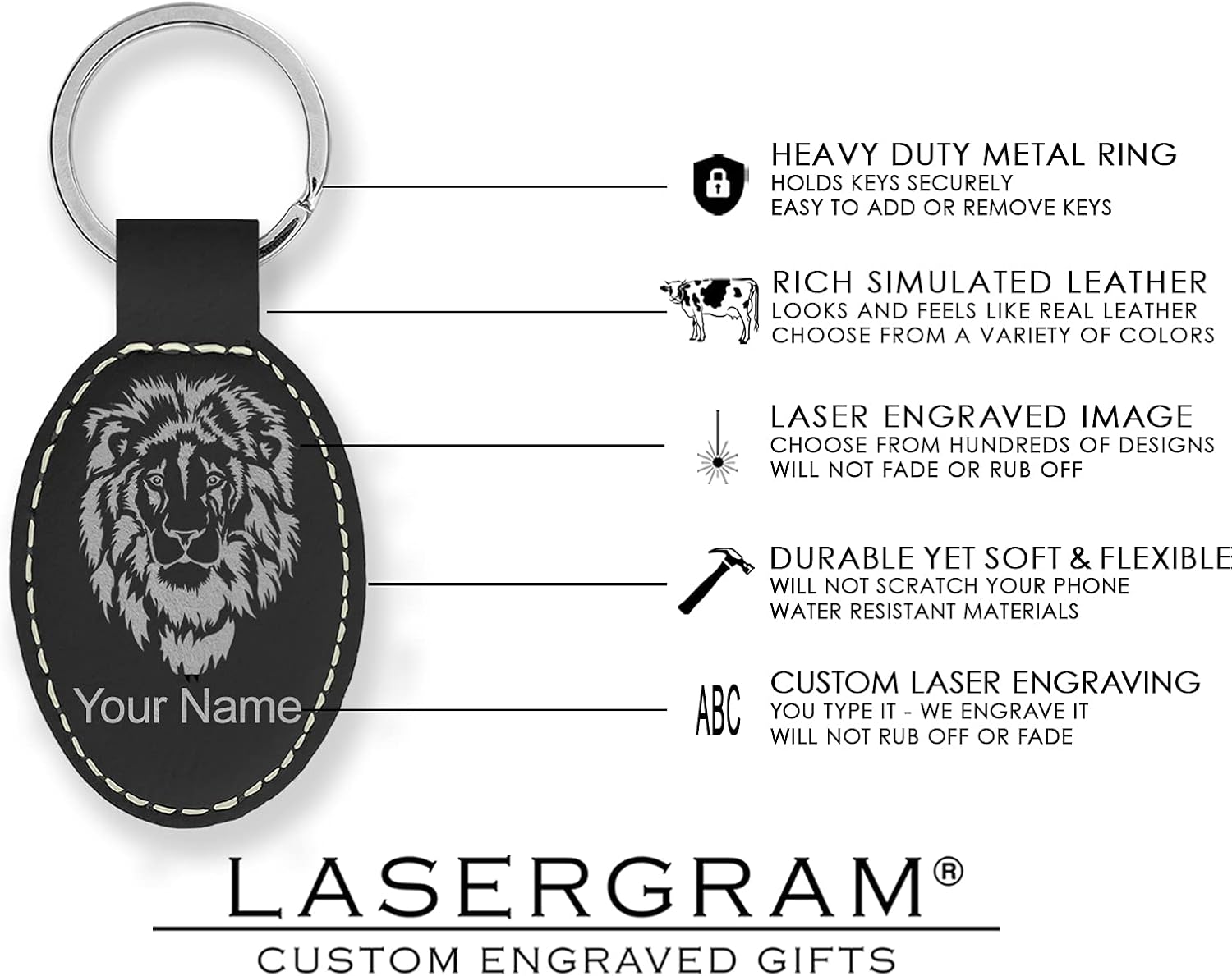 LaserGram Oval Keychain, Tiger, Personalized Engraving Included (Black with Silver)