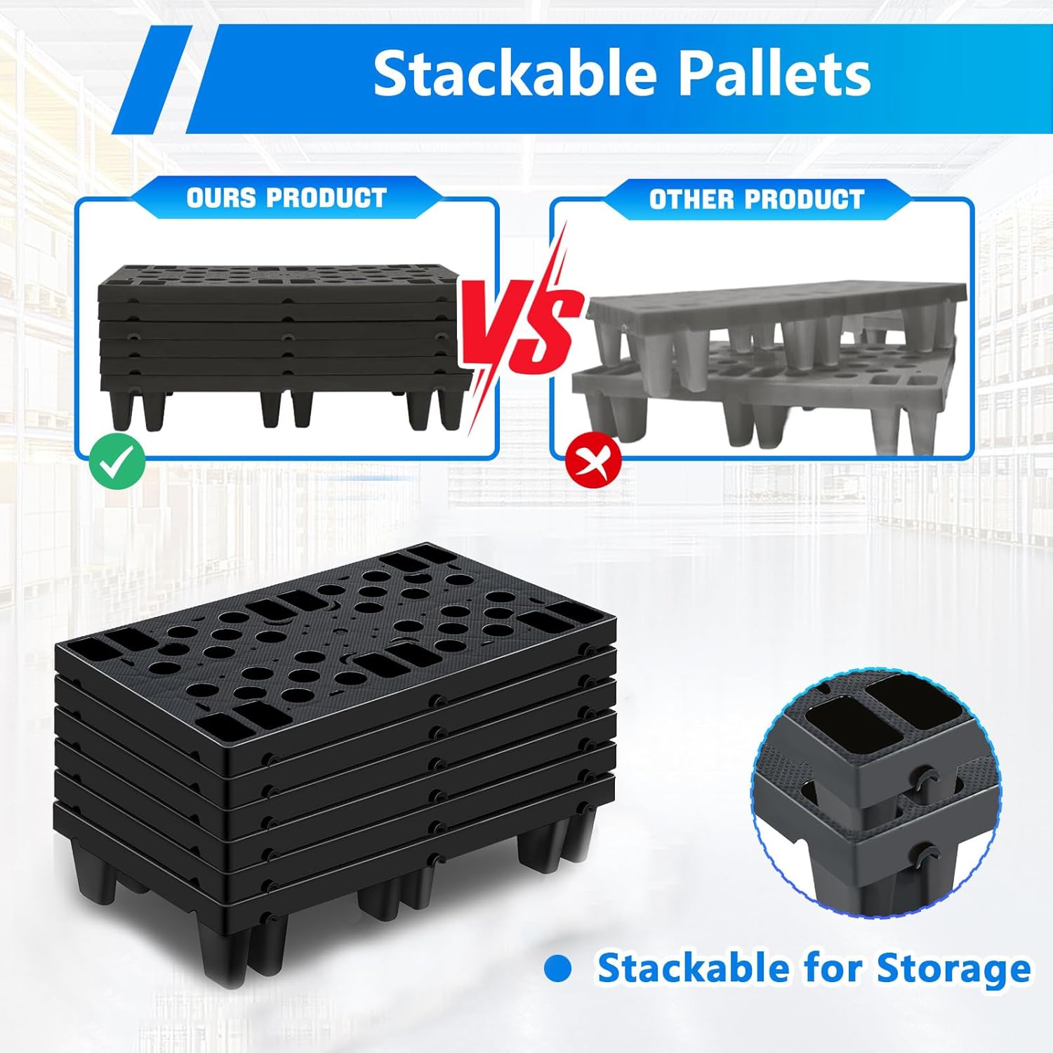 6pcs Plastic Pallets for Basement Storage Lightweight Waterproof Floor Pallets with Breathable Grids Applicable to Indoor and Outdoor, Garages and Kitchen(6pcs-11.8 * 19.7 * 3.9in)