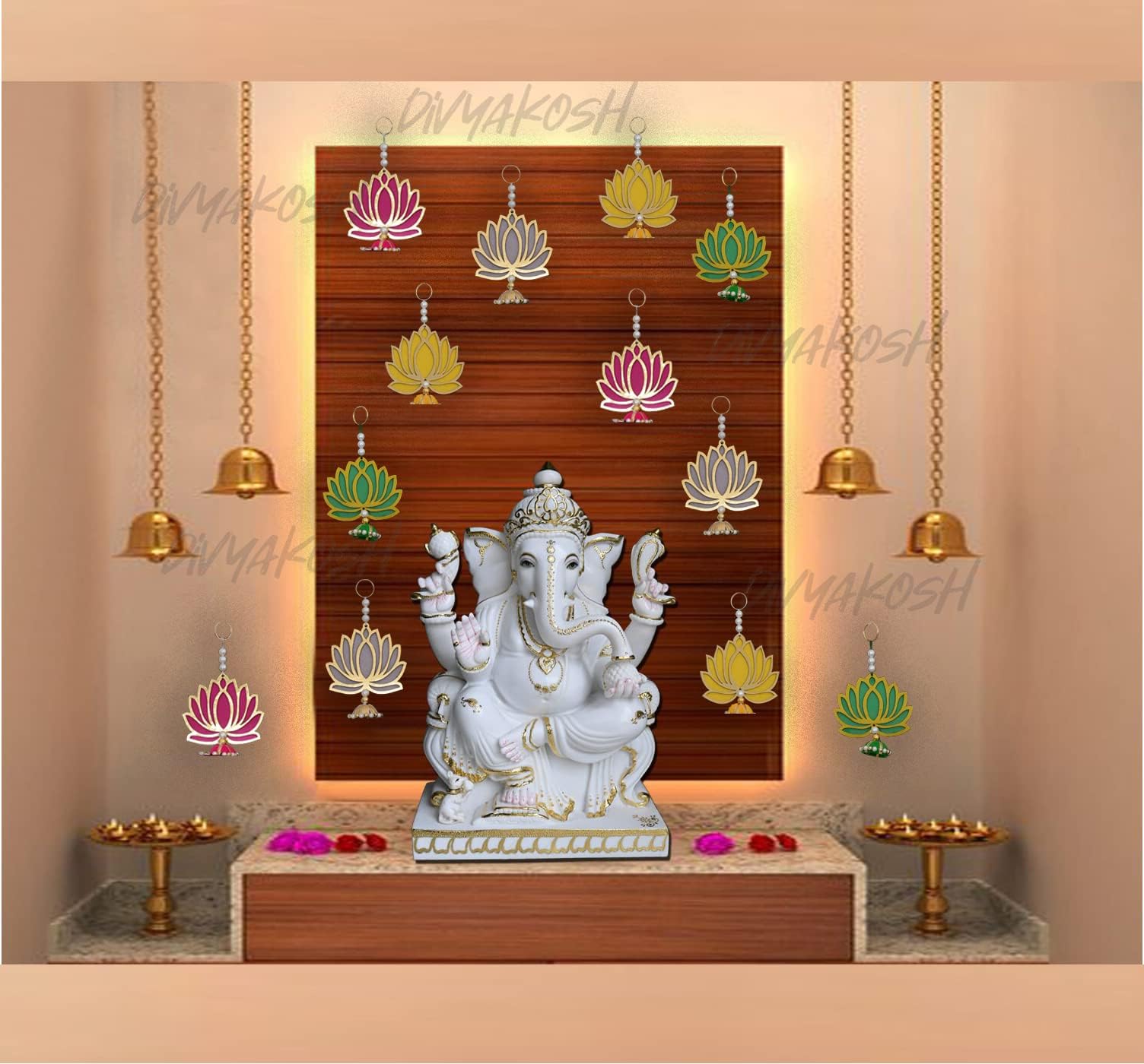 Divyakosh Cardboard,Engineered Wood Handmade Wall Decor Multi Color Lotus with Jhumki Style Hanging for Home/Diwali Decor,Wedding & All Festival Decor(15 PCS)|Double MDF-Garland /Door Hanging