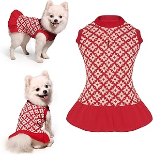 Topkins Dog Dress, Dog Red Sweater Dress with Leash Hole, Soft Warm Plaid Pet Clothes Outfit for Small Medium Dogs Girl (Red, XL)