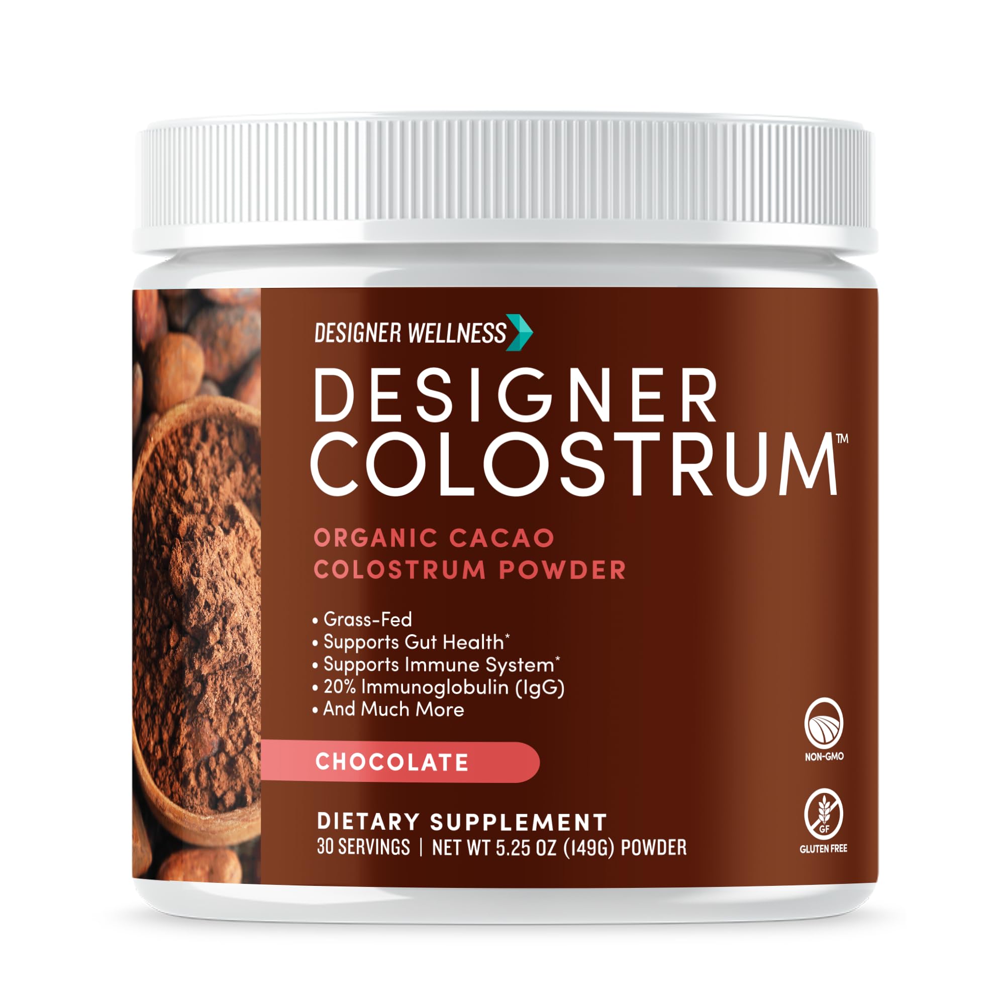 Designer Wellness Suplemento em pó de colostro bovino sabor chocolate, 30 porções, 149 g