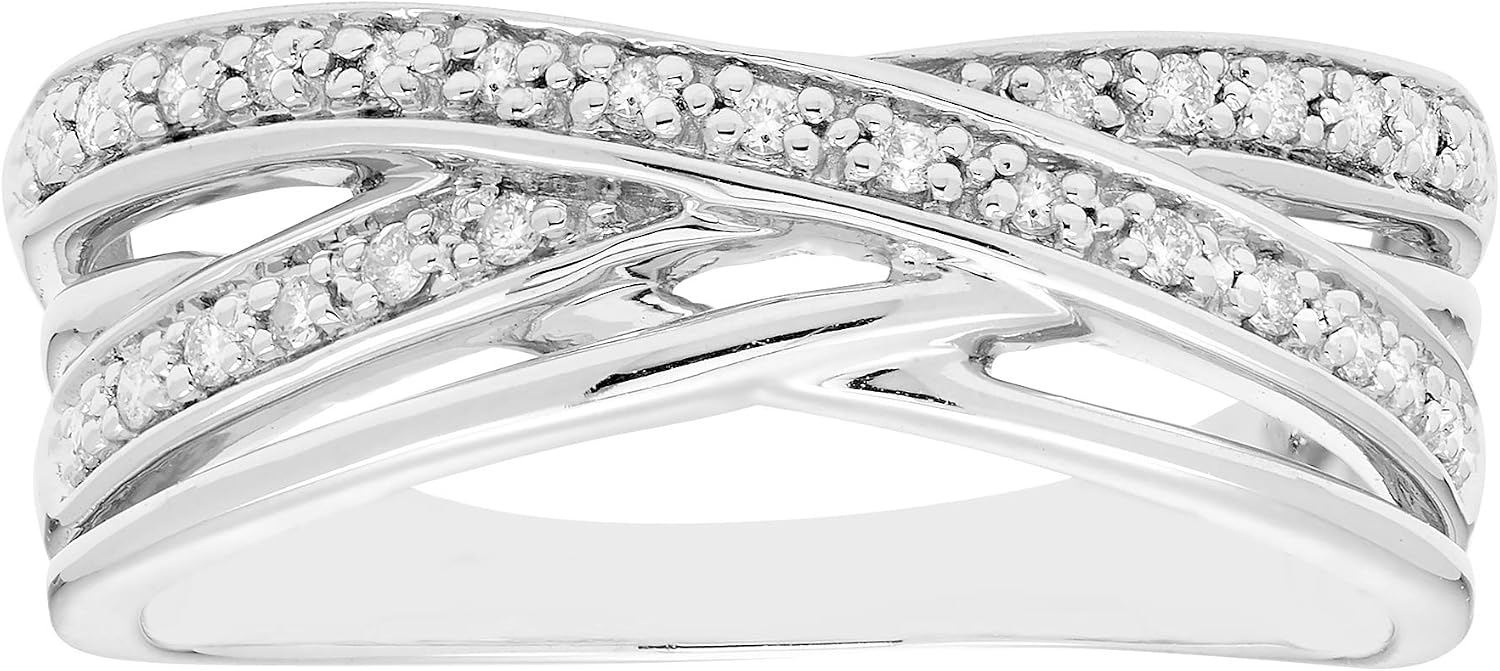 .925 Sterling Silver 1/8 Cttw Diamond 1/4" Double Cross Over Statement Ring with Tapered Band (I Color, I3 Clarity) - Size 9