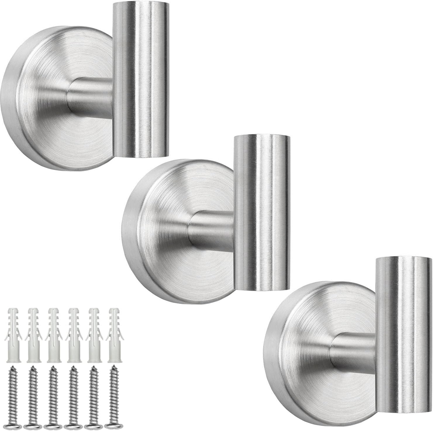 TocTen Towel Hook for Bathroom, 3 Pack Wall Mounted Robe Hook, SUS 304 Stainless Steel Coat Hook, Heavy Duty Door Hanger Towel Hook for Bathroom Kitchen Office and Cabinet(Brushed Nickel,3 Pack)