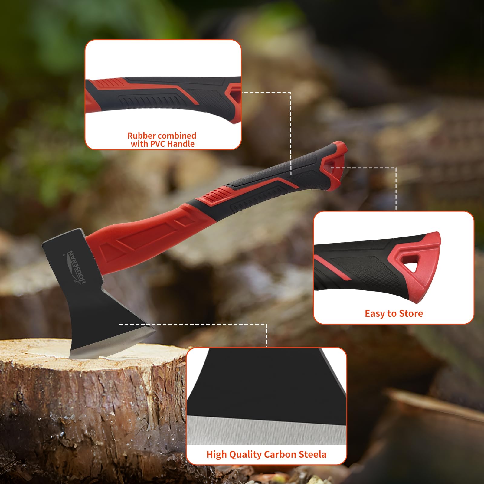 Camping Axe - 14" Wood Axe for Splitting Firewood, Non-Slip Handle, Ideal for Camping and Woodworking