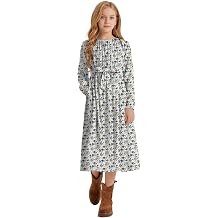 LaBeca Girls Casual Elastic Crew Neck Floral Printed Solid Color A-line Swing High Waist Midi Belted Dress with Pocket