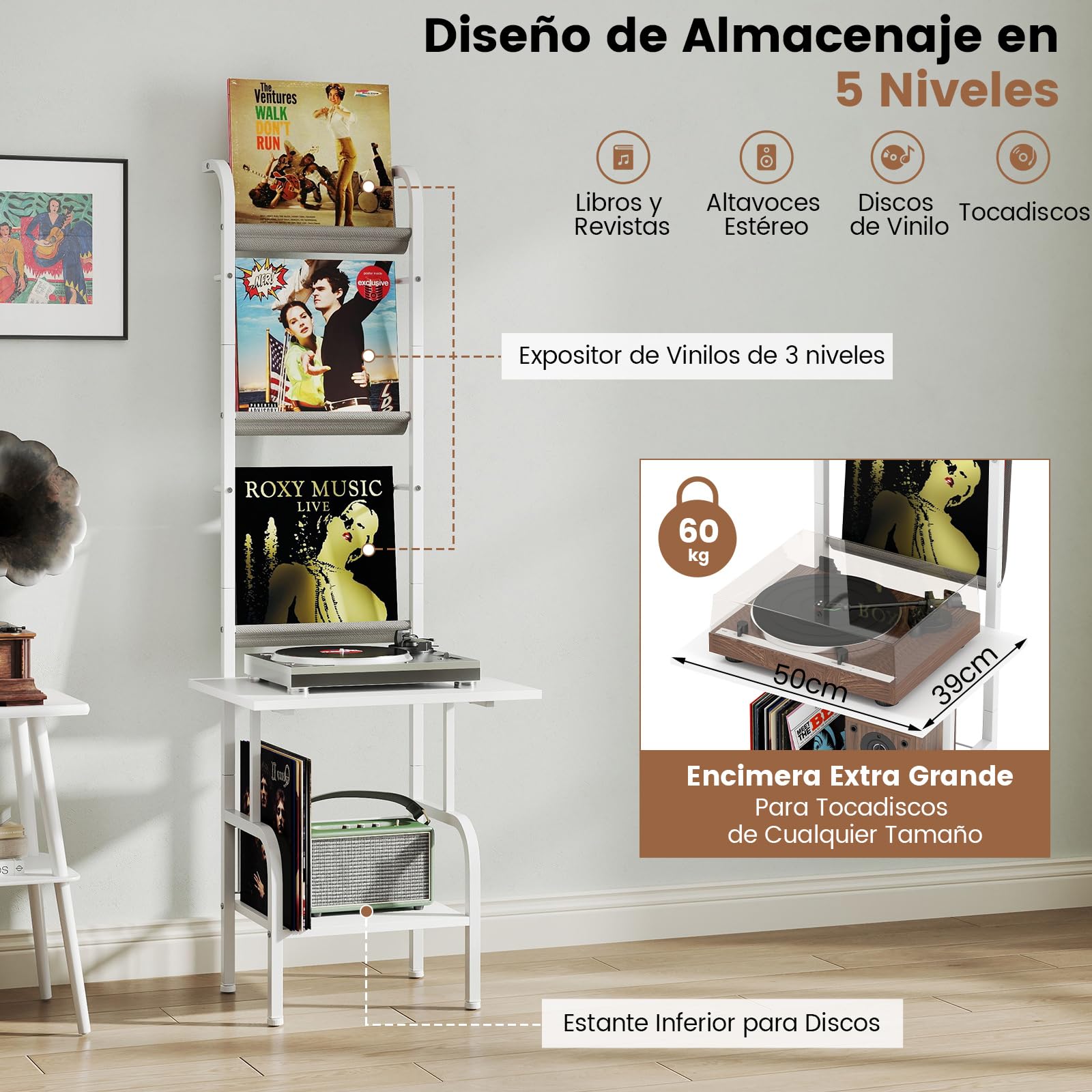 COSTWAY Soporte para Tocadiscos de 5 Niveles, Almacenamiento de Vinilos Armario Tocadiscos con Estante para Exhibición de Vinilos, Mesa para Reproductor de Discos (Blanco)