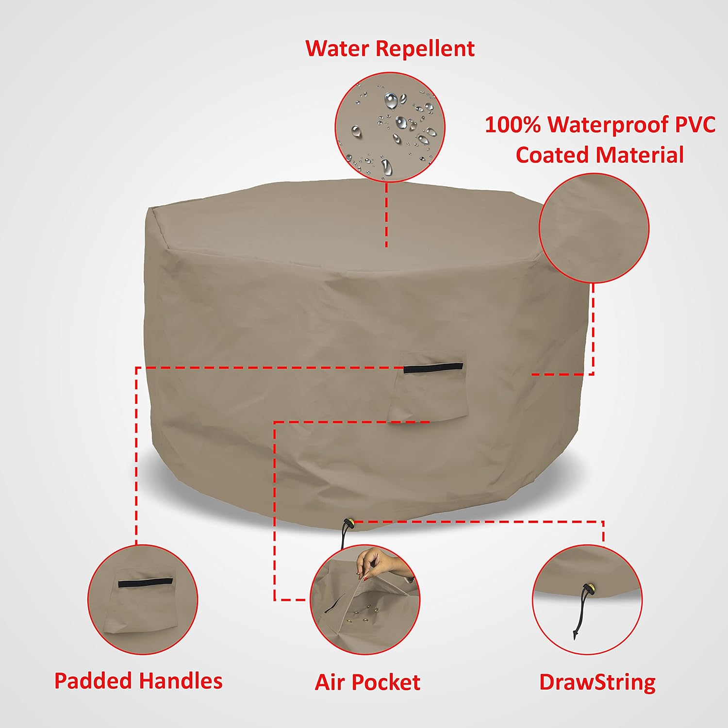 Octagon Fire Pit Cover 12 Oz Waterproof - 100% Weather Resistant Outdoor Fire Pit Table Cover with Air Pocket & Drawstring for Snug Fit (20" H x 42" D, Beige)