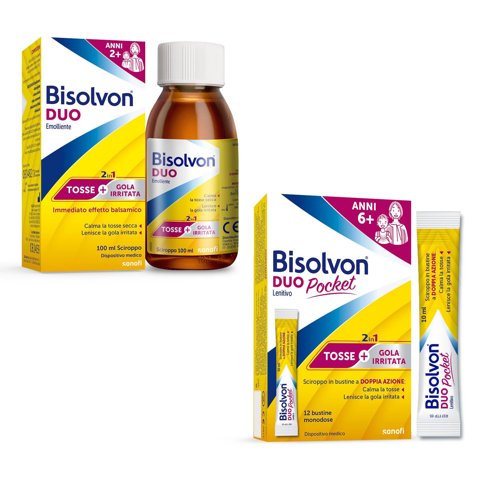 Bisolvon Duo Emolliente: Sciroppo Contro Tosse e Gola Irritata (100 ml) + Bisolvon Duo Pocket Lenitivo Sciroppo in Bustina Contro Tosse e Gola Irritata, per Adulti e Bambini (12 Bustine Monodose)